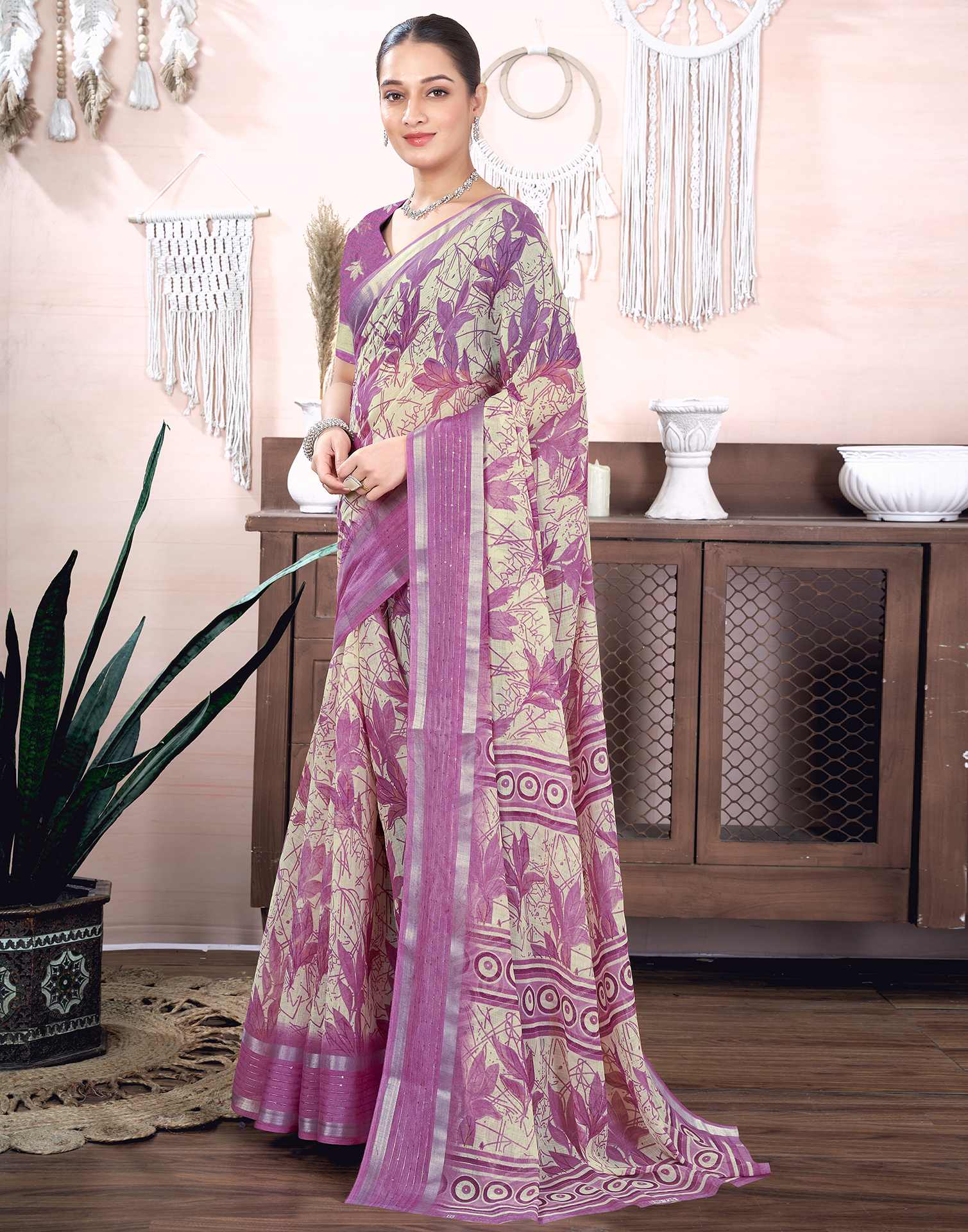 Dusty Purple Cotton Linen Printed Saree