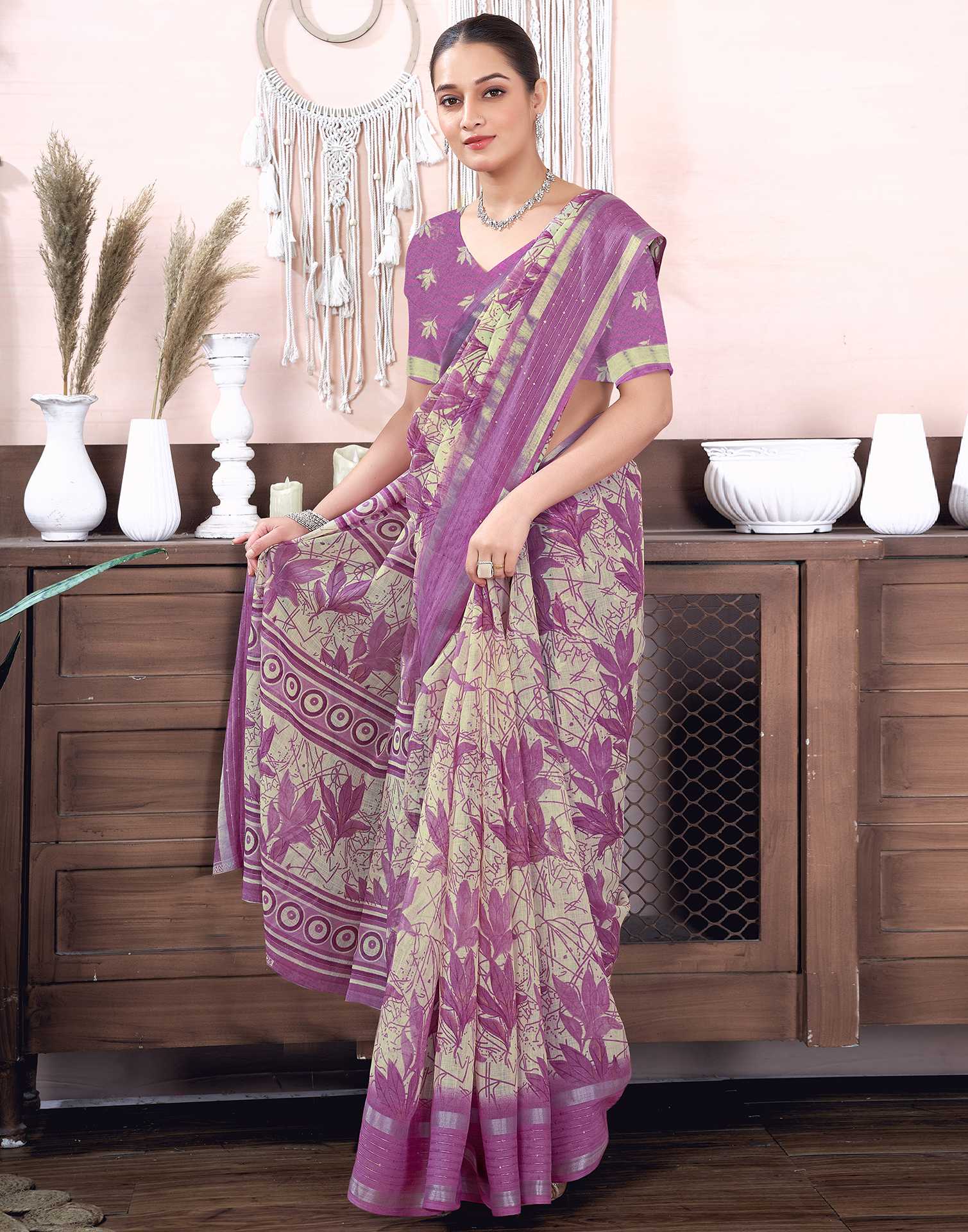 Dusty Purple Cotton Linen Printed Saree