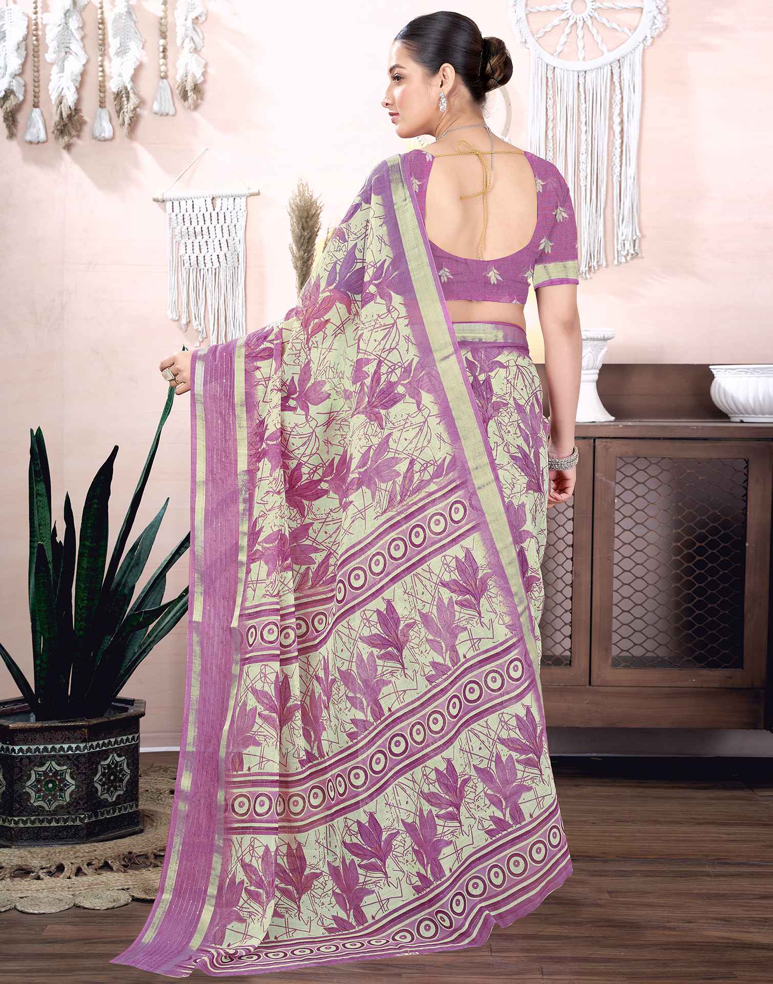 Dusty Purple Cotton Linen Printed Saree