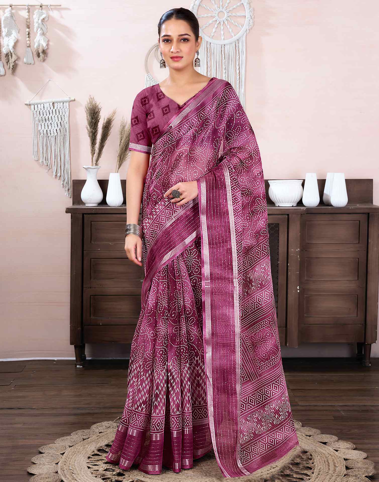 Pink Cotton Linen Bandhani Printed Saree
