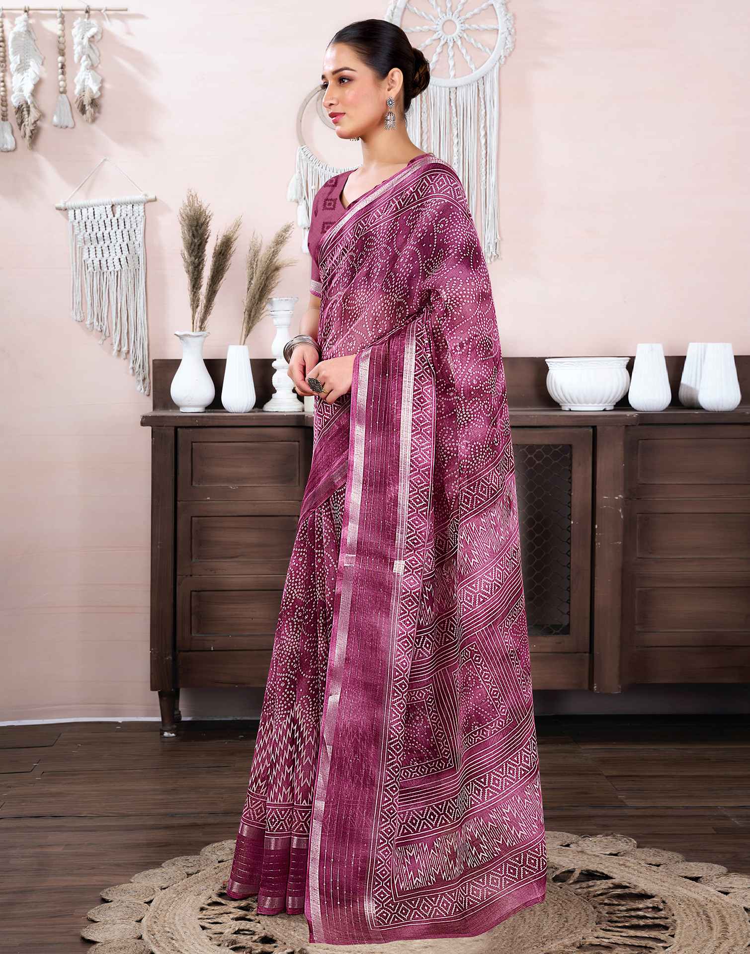 Pink Cotton Linen Bandhani Printed Saree
