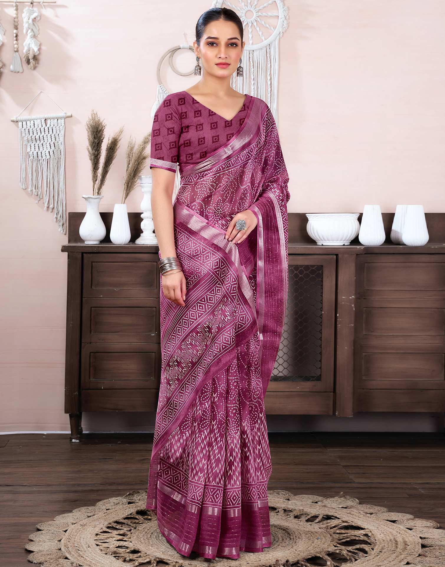 Pink Cotton Linen Bandhani Printed Saree