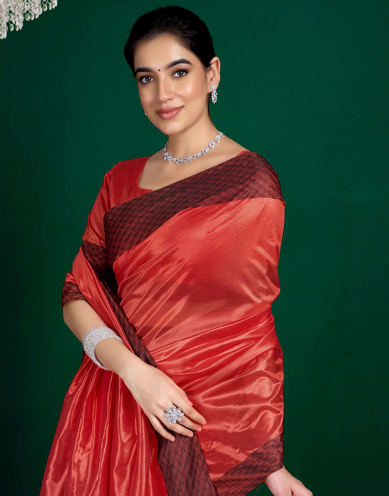 Red Shimmer Tissue Top Dyed Woven Saree