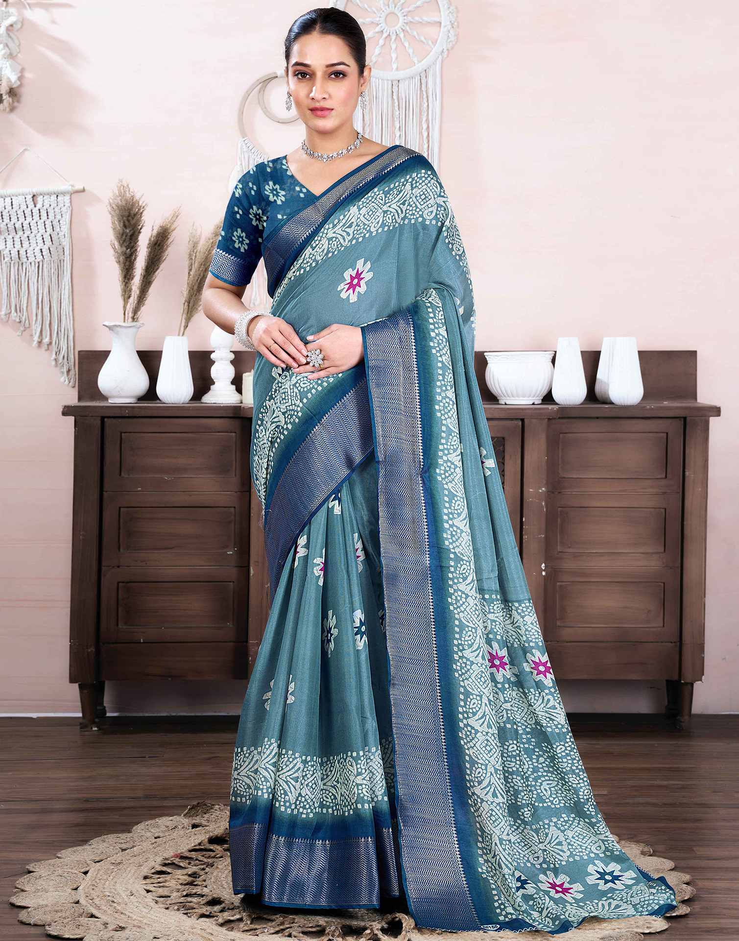 Dusty Blue Dola Silk Printed Saree