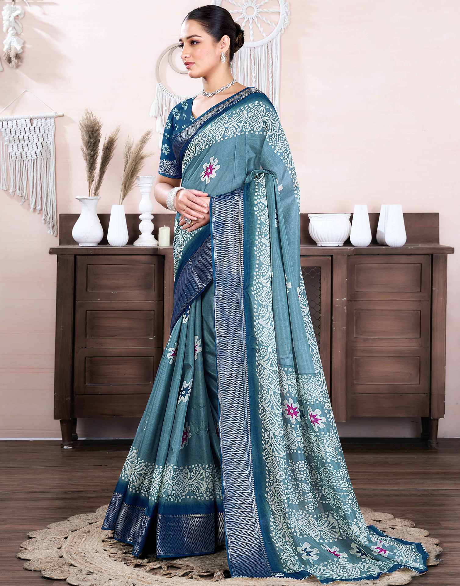 Dusty Blue Dola Silk Printed Saree