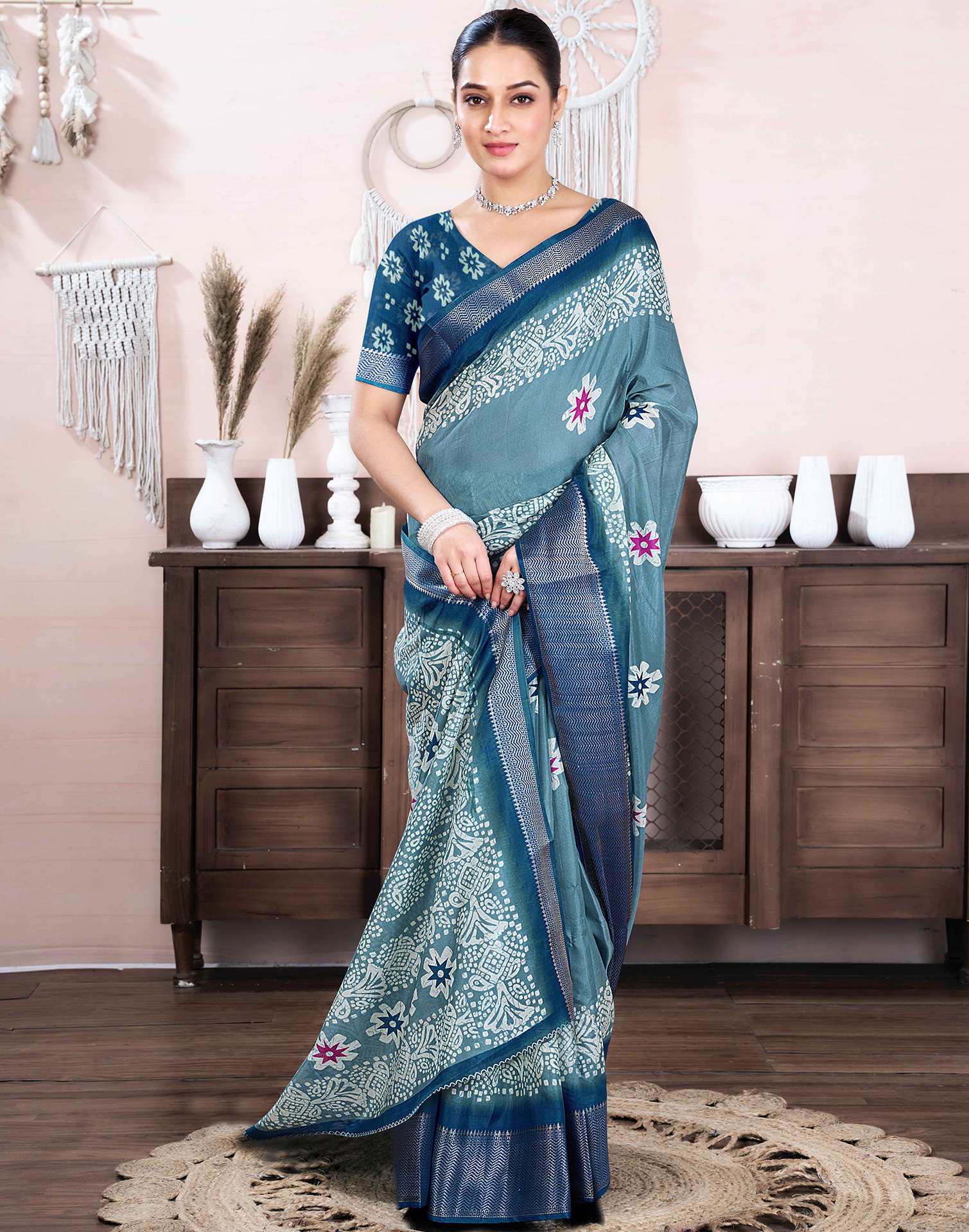 Dusty Blue Dola Silk Printed Saree