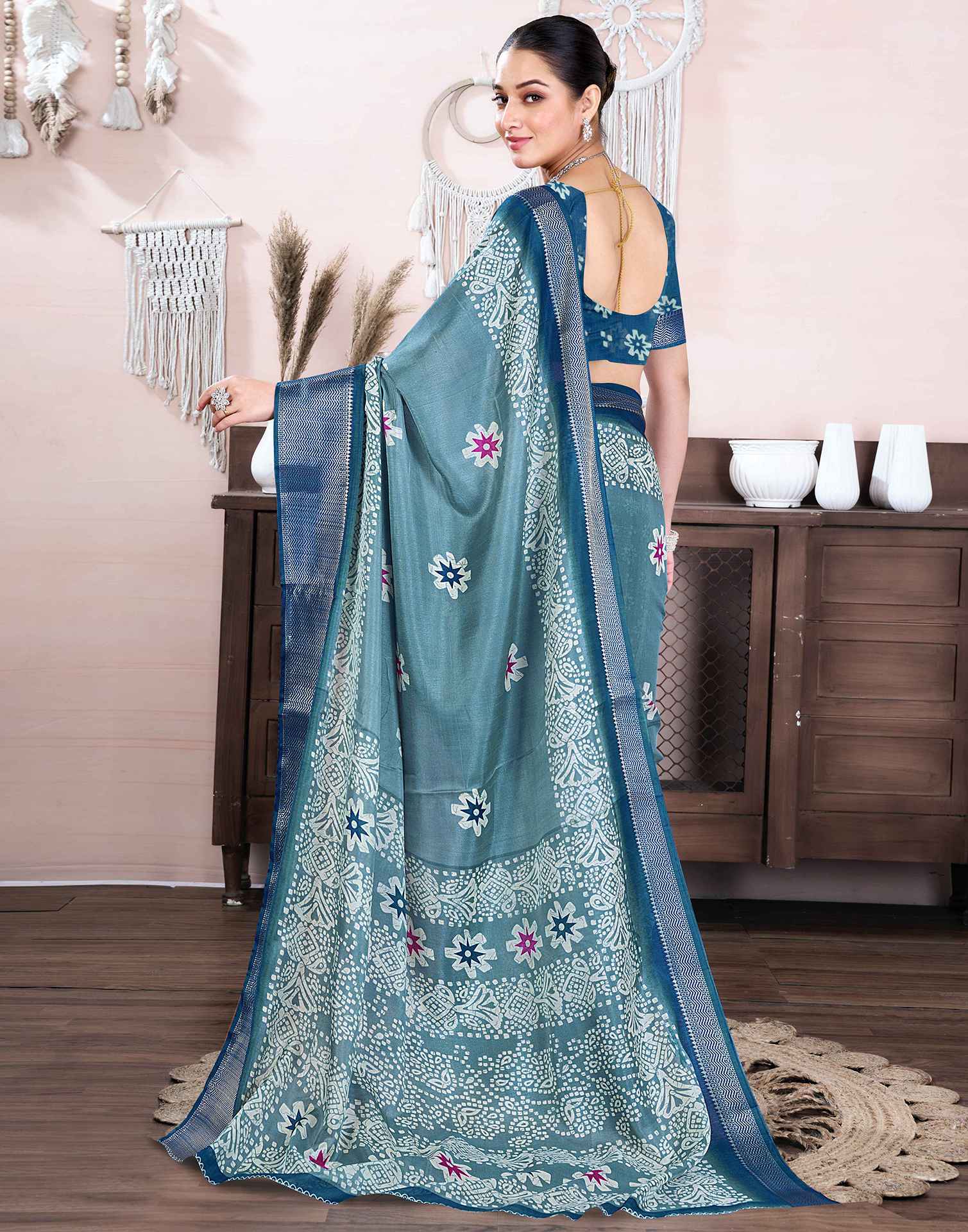 Dusty Blue Dola Silk Printed Saree