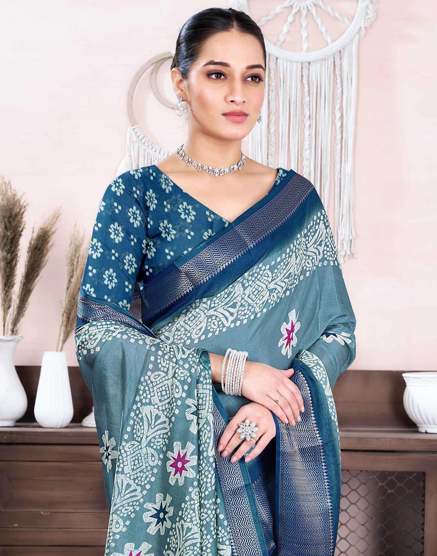 Dusty Blue Dola Silk Printed Saree