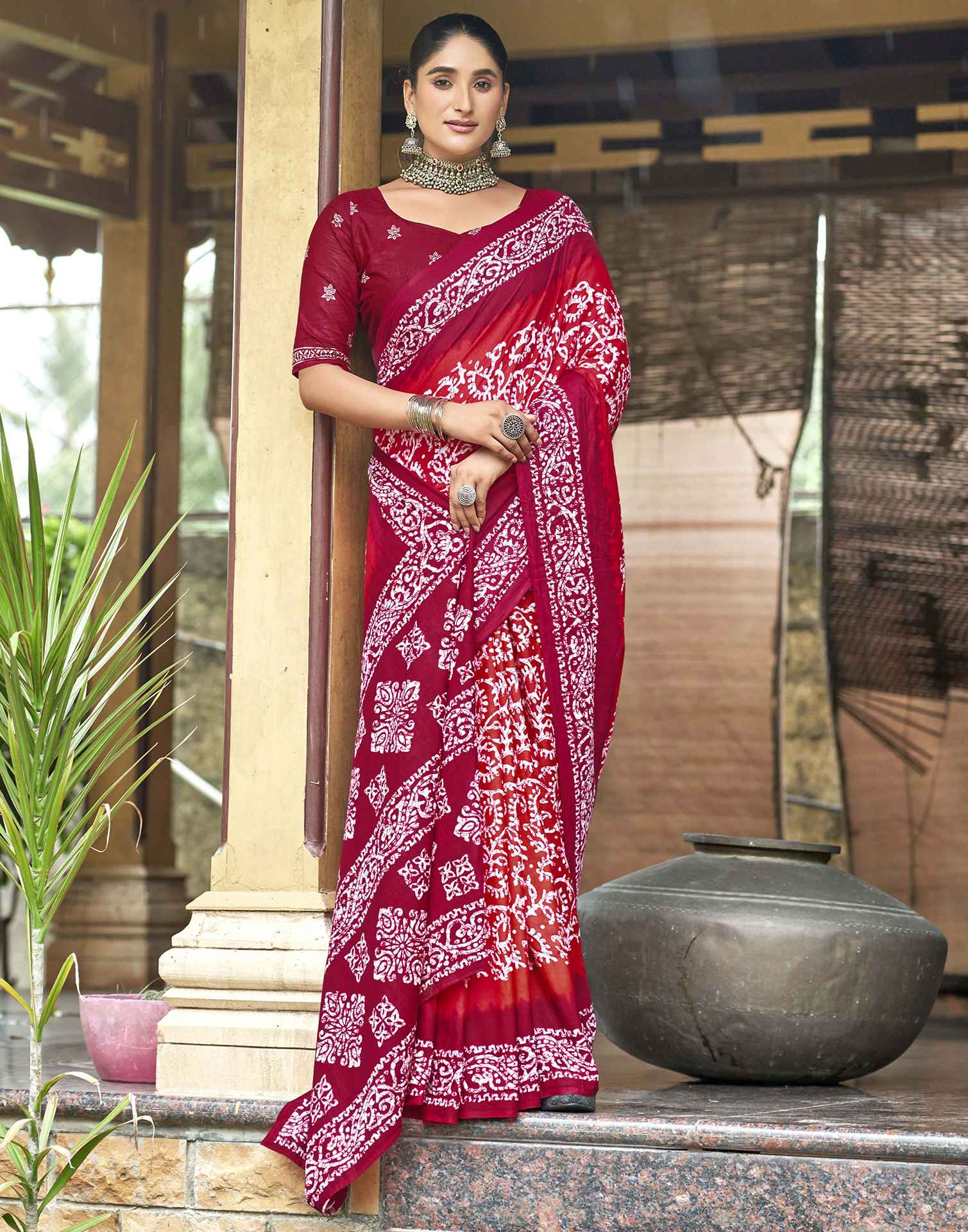 Rani Pink Pure Cotton Printed Saree