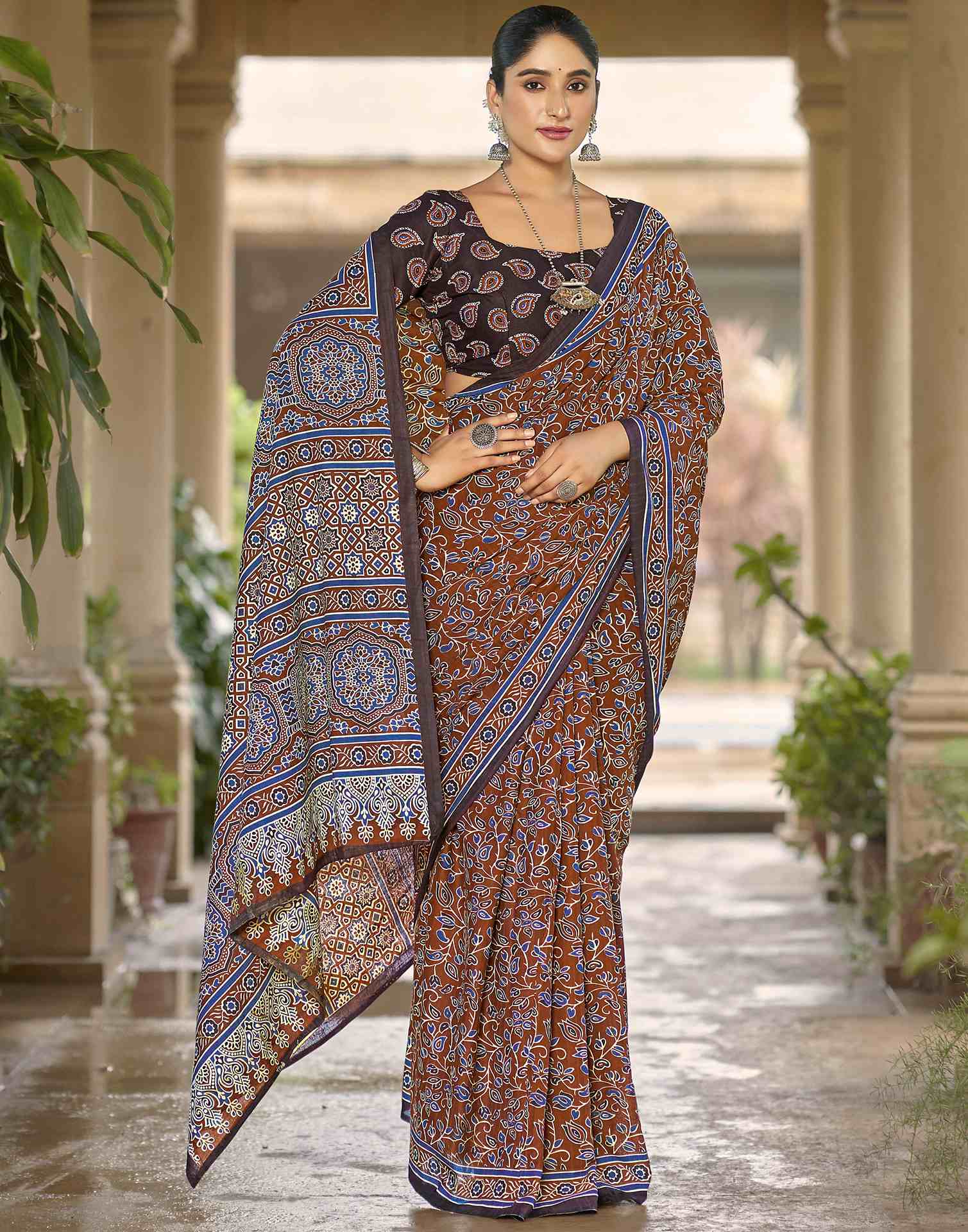 Brown Pure Cotton Printed Saree