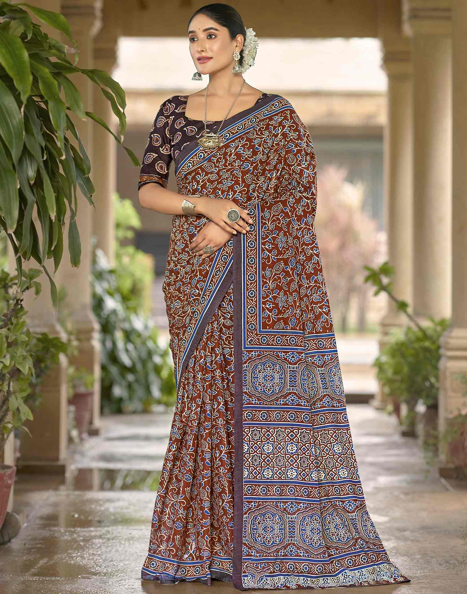 Brown Pure Cotton Printed Saree