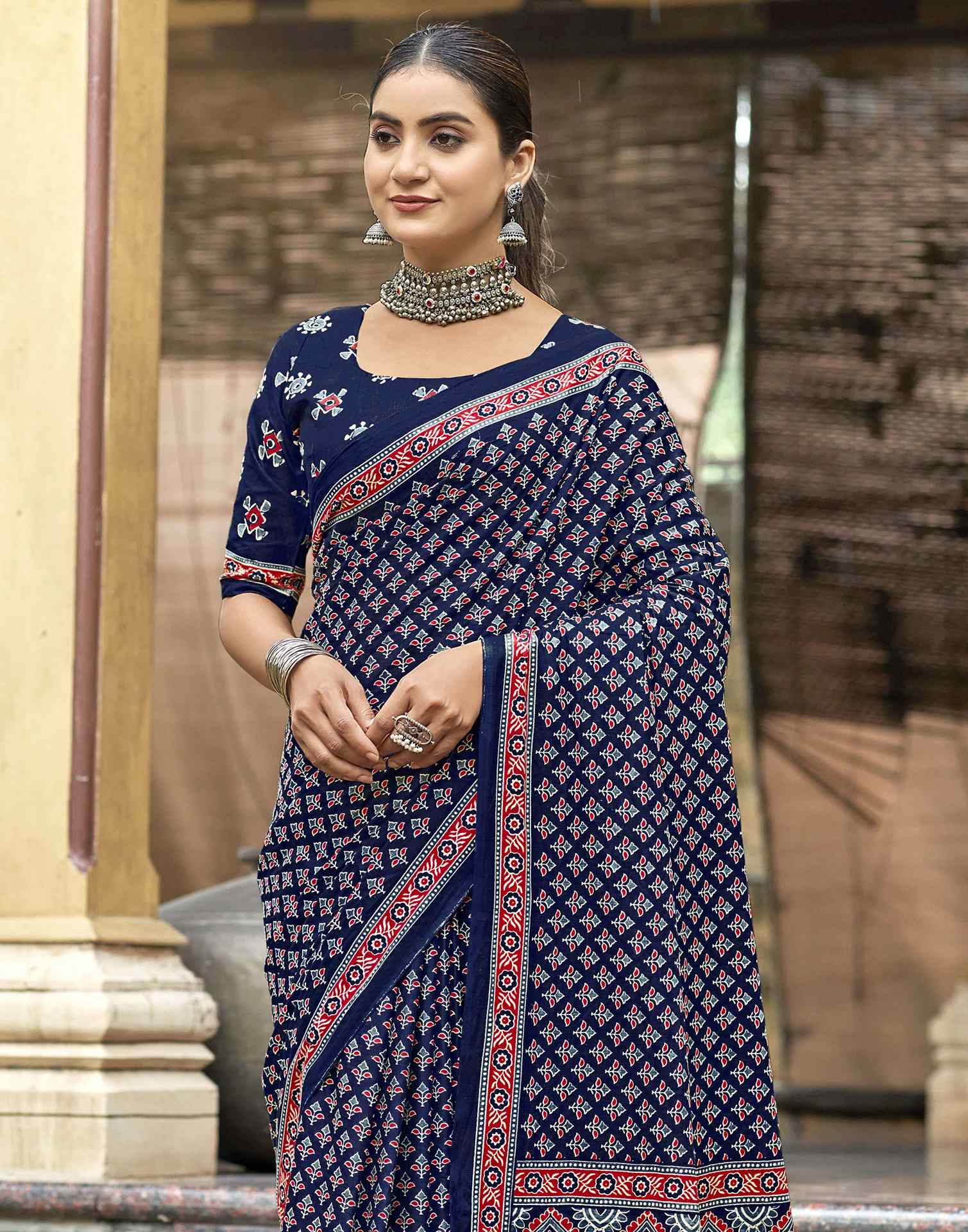 Navy Blue Pure Cotton Printed Saree