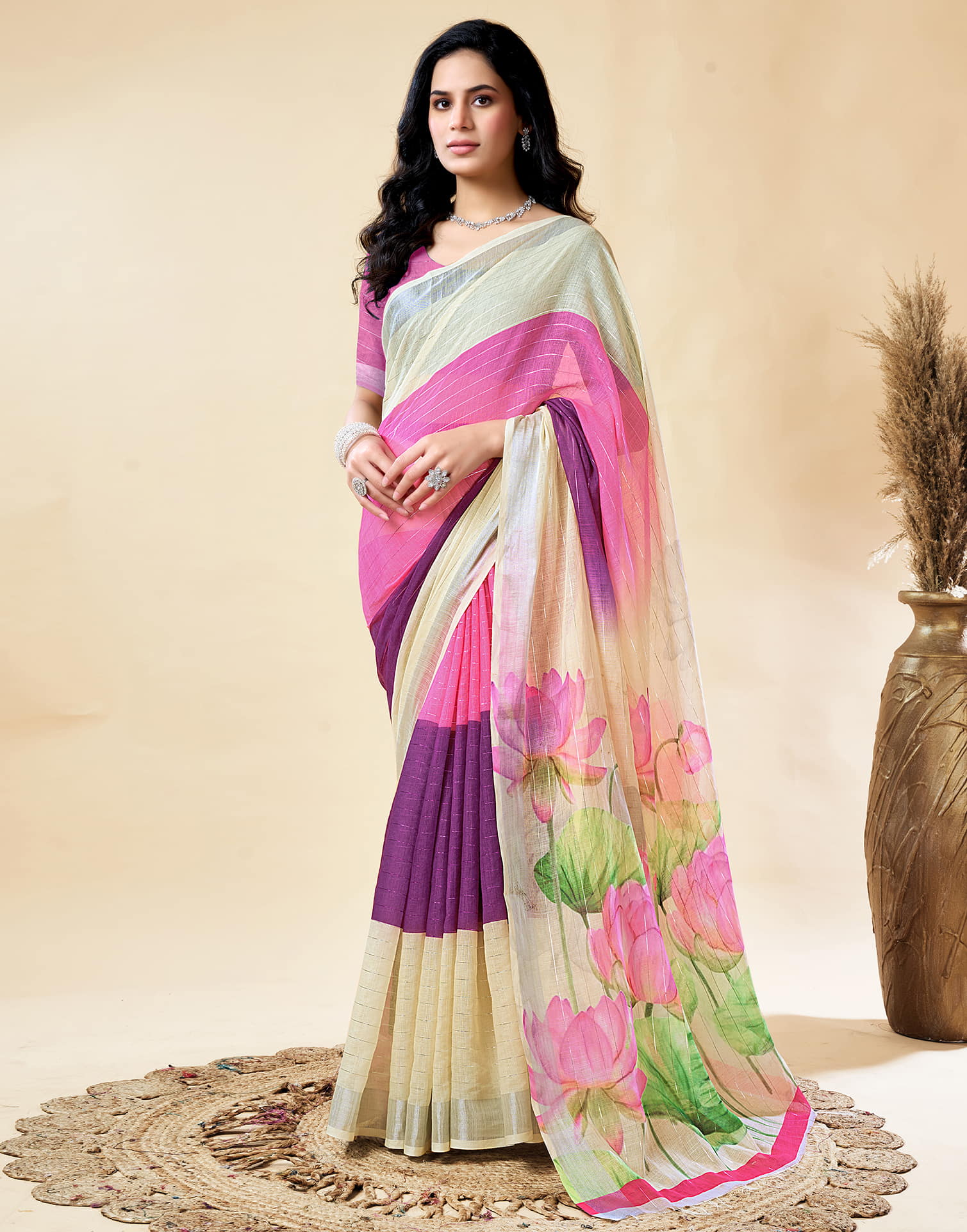 Cream Cotton Linen Printed Saree