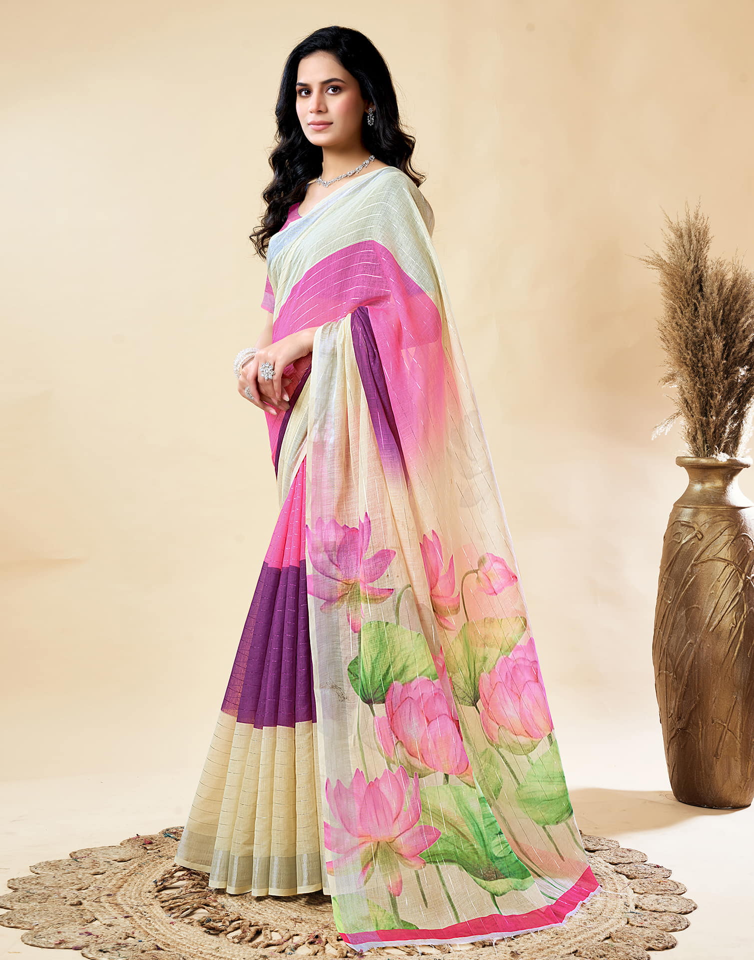 Cream Cotton Linen Printed Saree