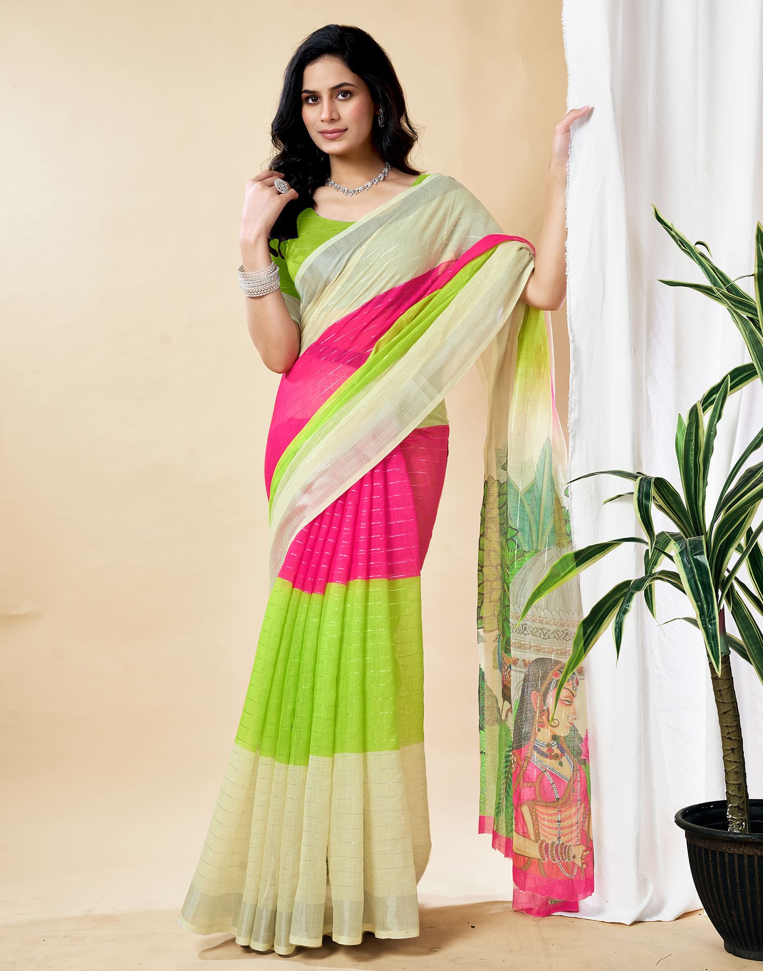 Cream Cotton Linen Printed Saree
