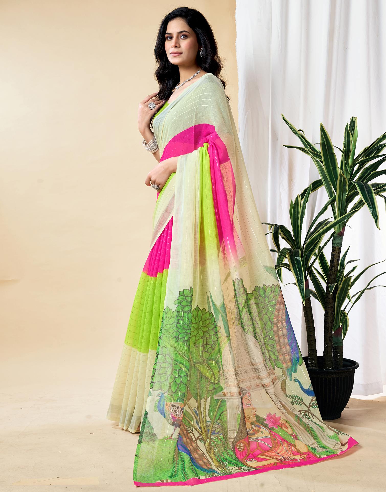 Cream Cotton Linen Printed Saree