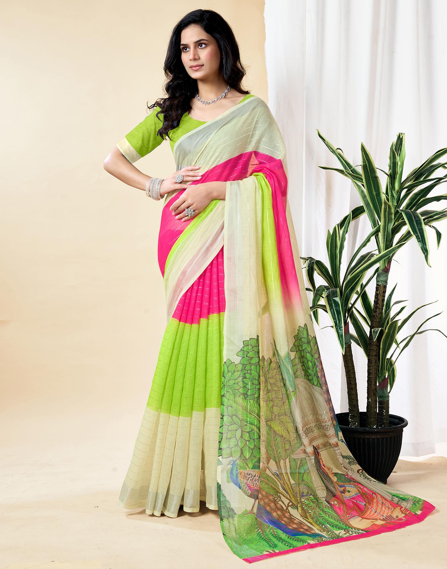 Cream Cotton Linen Printed Saree