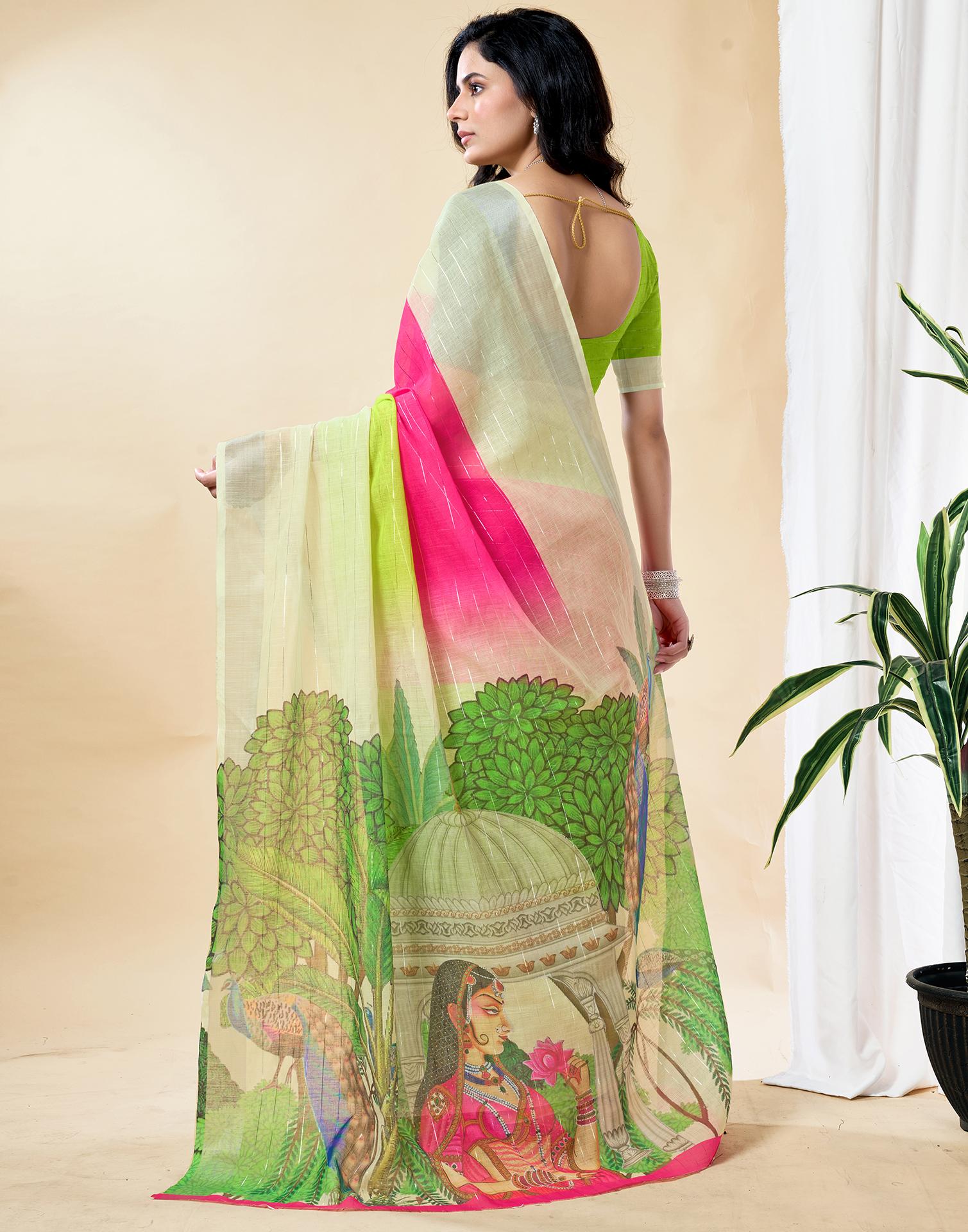 Cream Cotton Linen Printed Saree