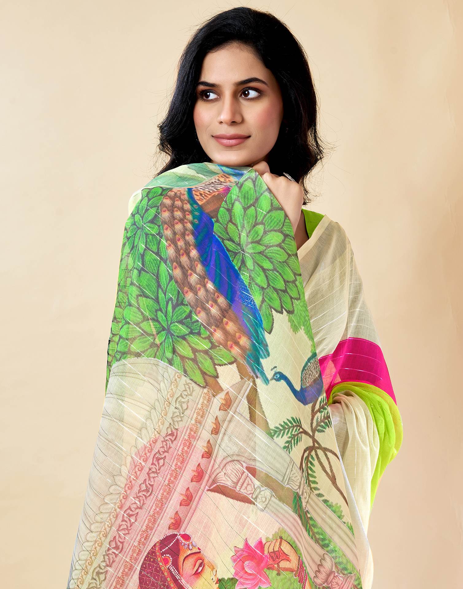 Cream Cotton Linen Printed Saree