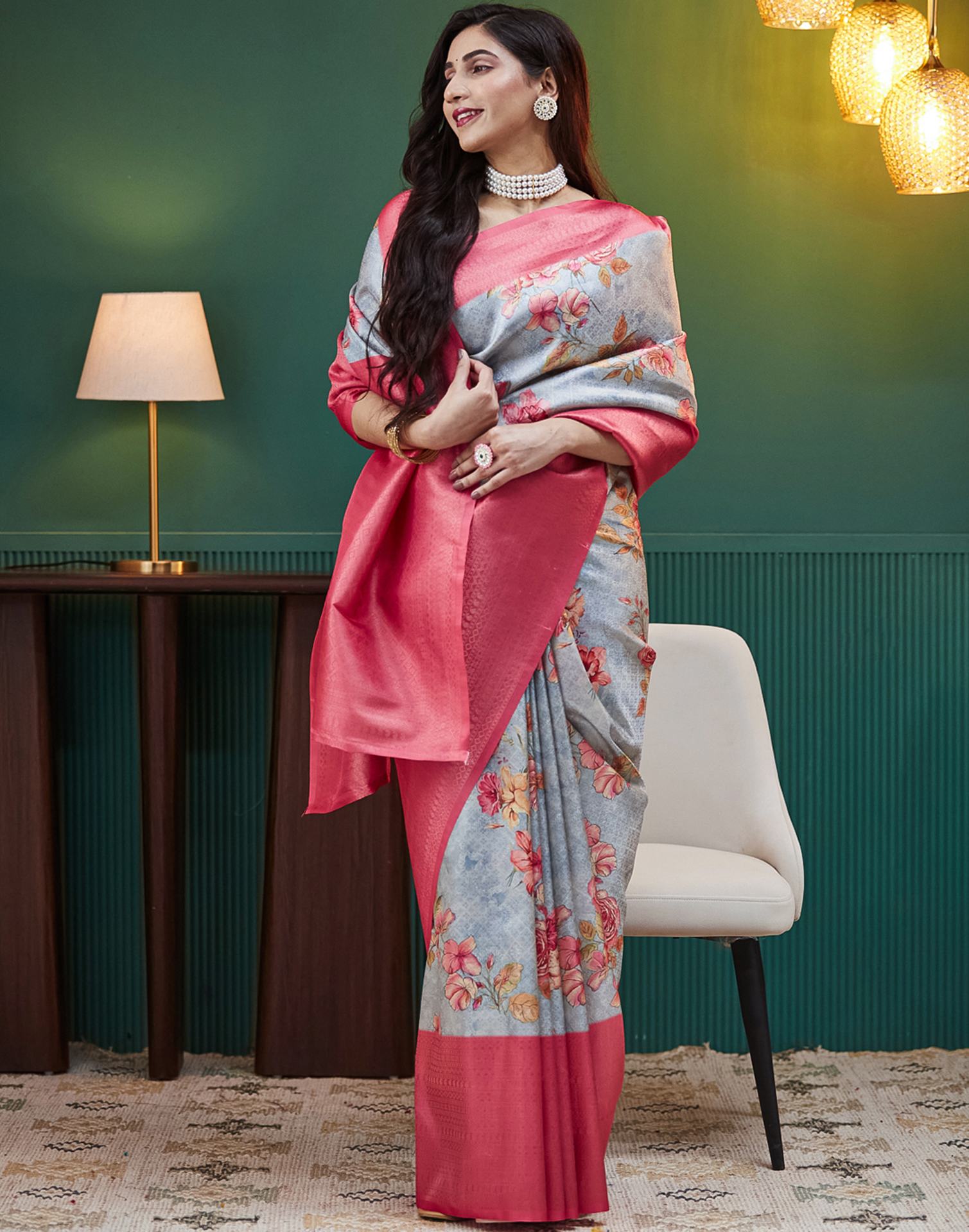 Grey Silk Printed Woven Saree
