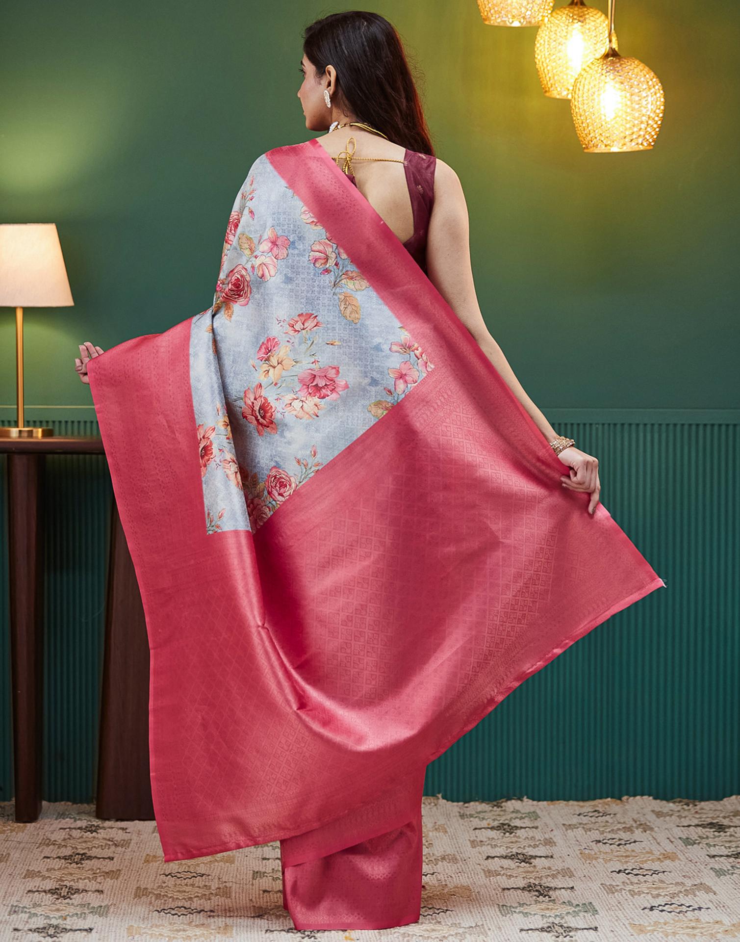 Grey Silk Printed Woven Saree