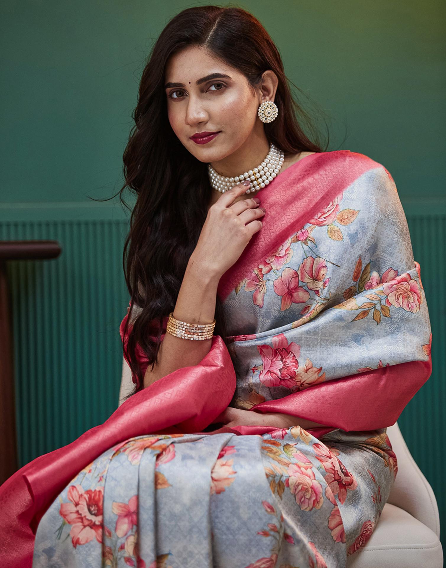 Grey Silk Printed Woven Saree