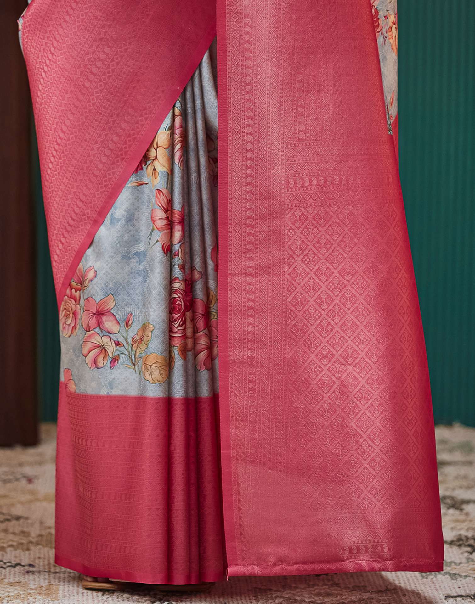 Grey Silk Printed Woven Saree