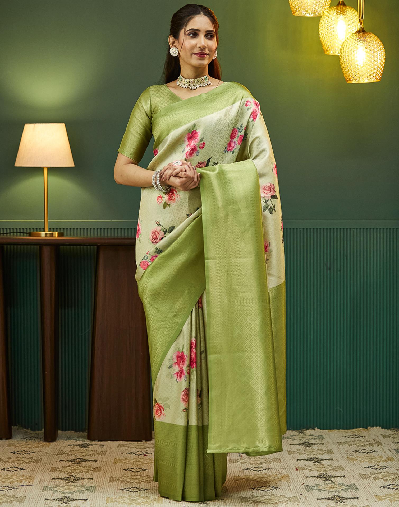 Tea Green Silk Printed Woven Saree