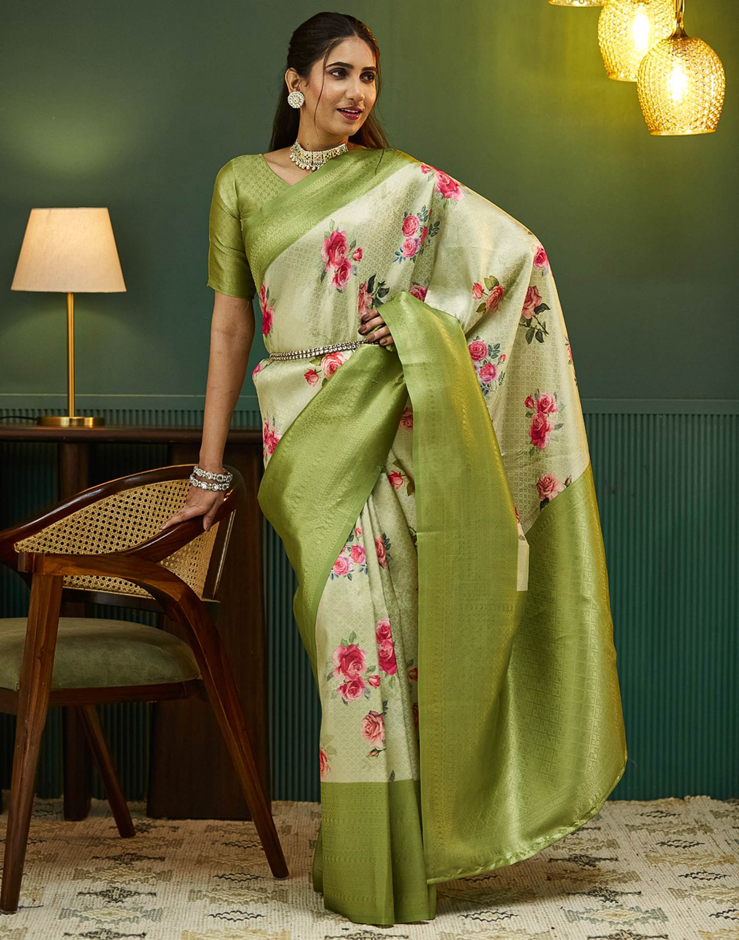 Tea Green Silk Printed Woven Saree