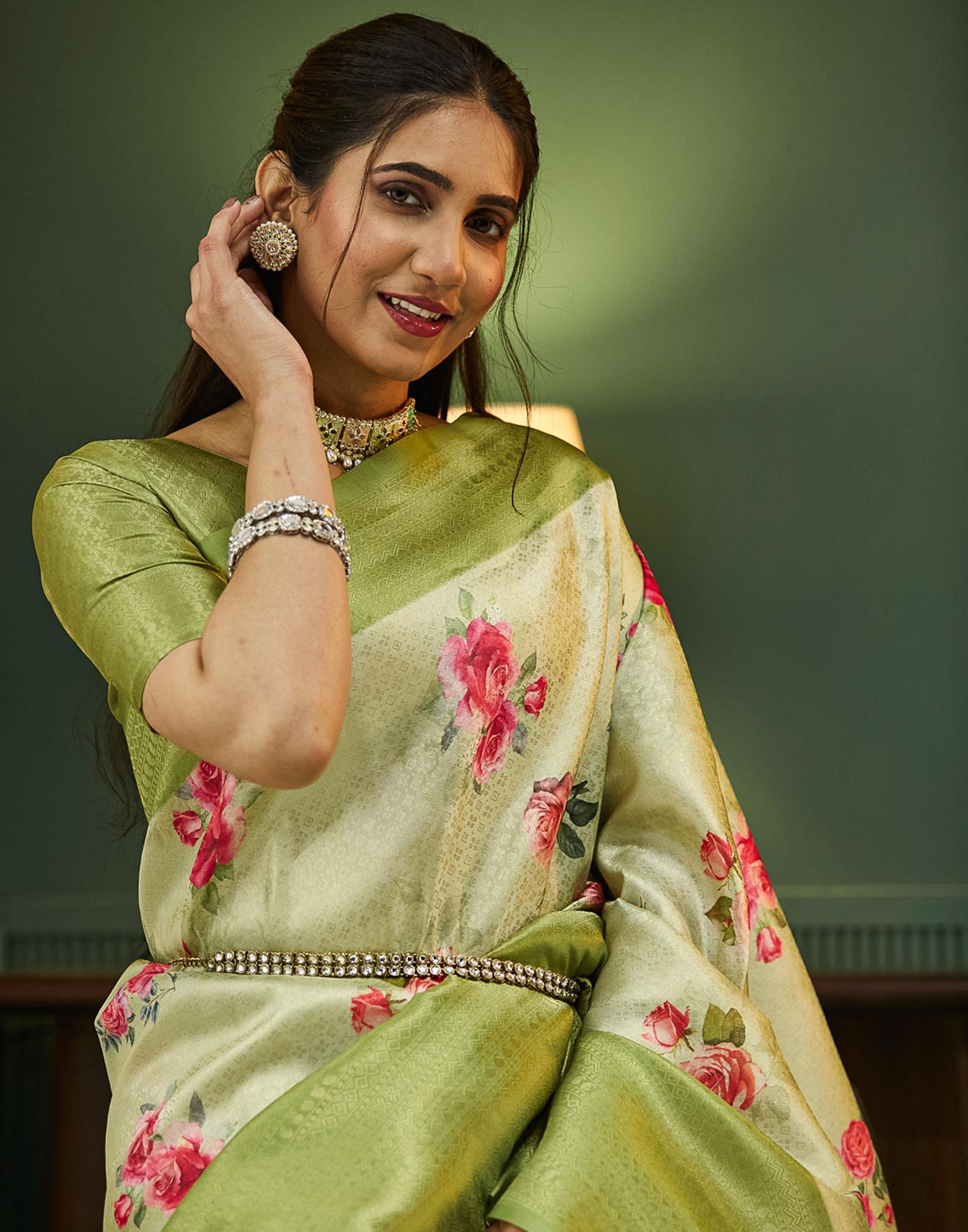 Tea Green Silk Printed Woven Saree