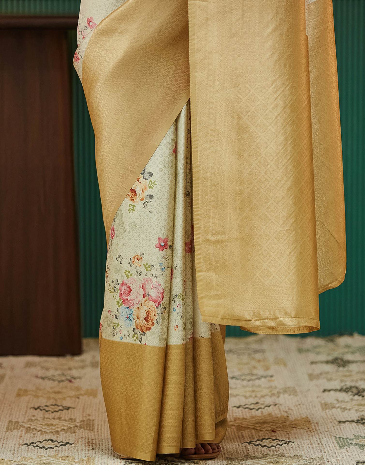 Beige Silk Printed Woven Saree