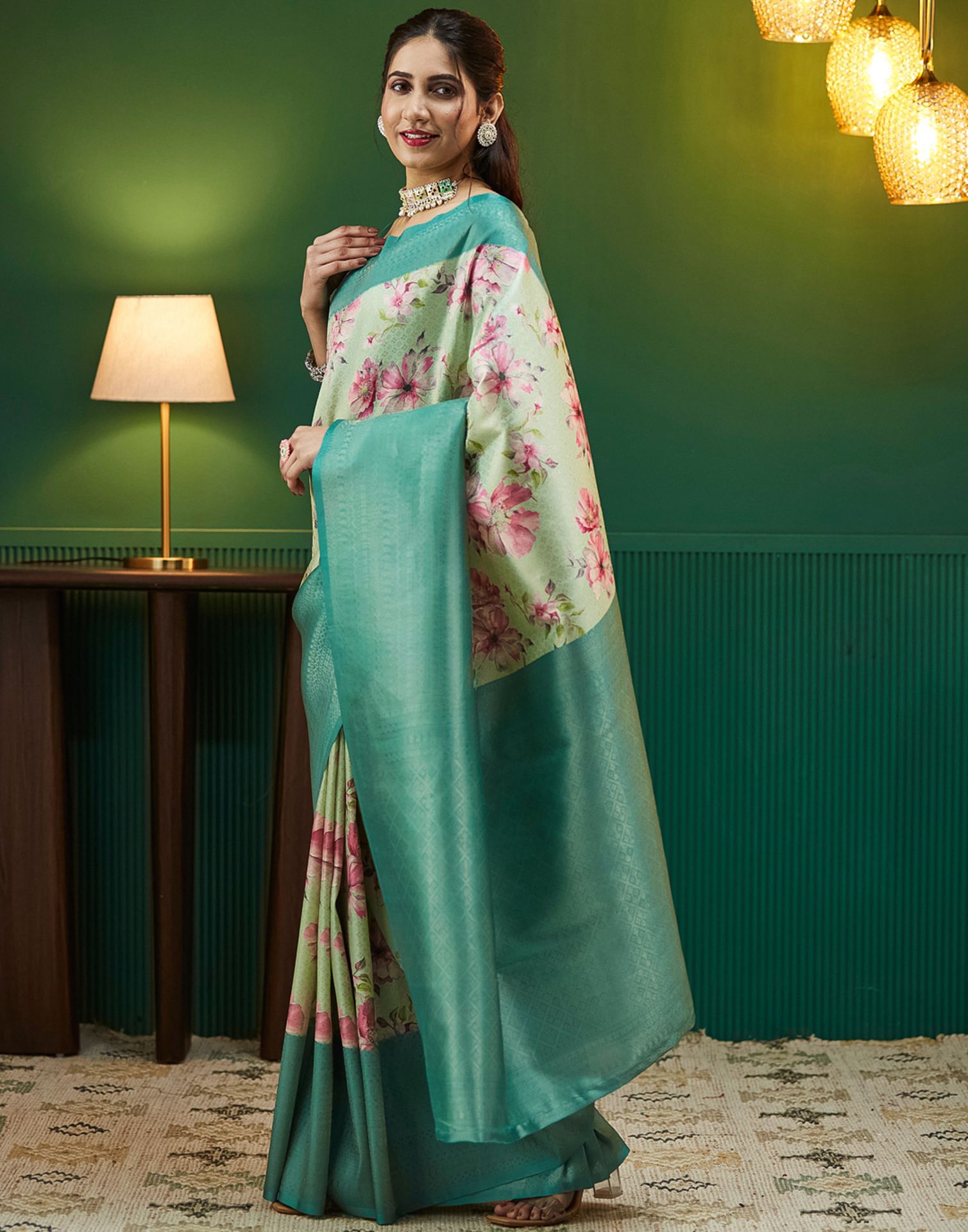 Tea Green Silk Printed Woven Saree