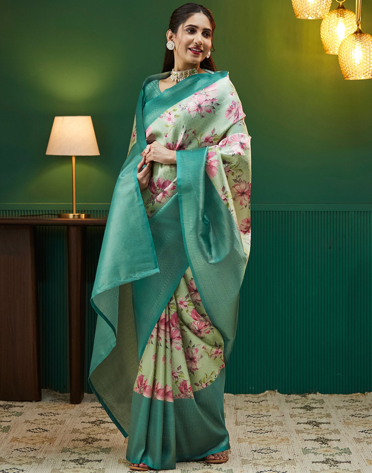 Tea Green Silk Printed Woven Saree
