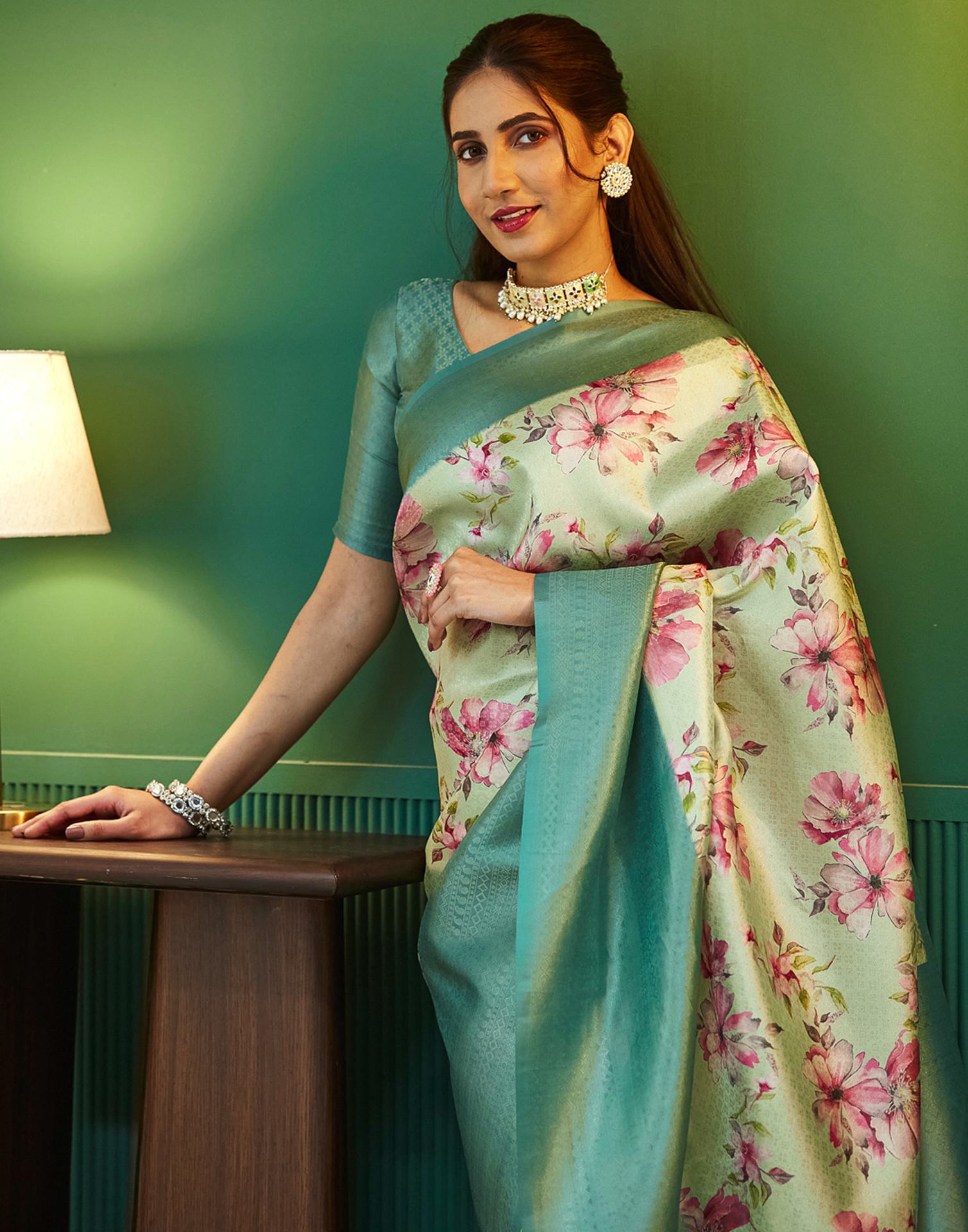 Tea Green Silk Printed Woven Saree