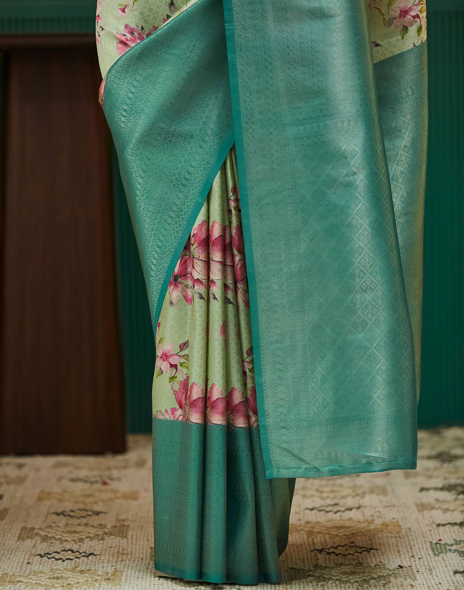 Tea Green Silk Printed Woven Saree