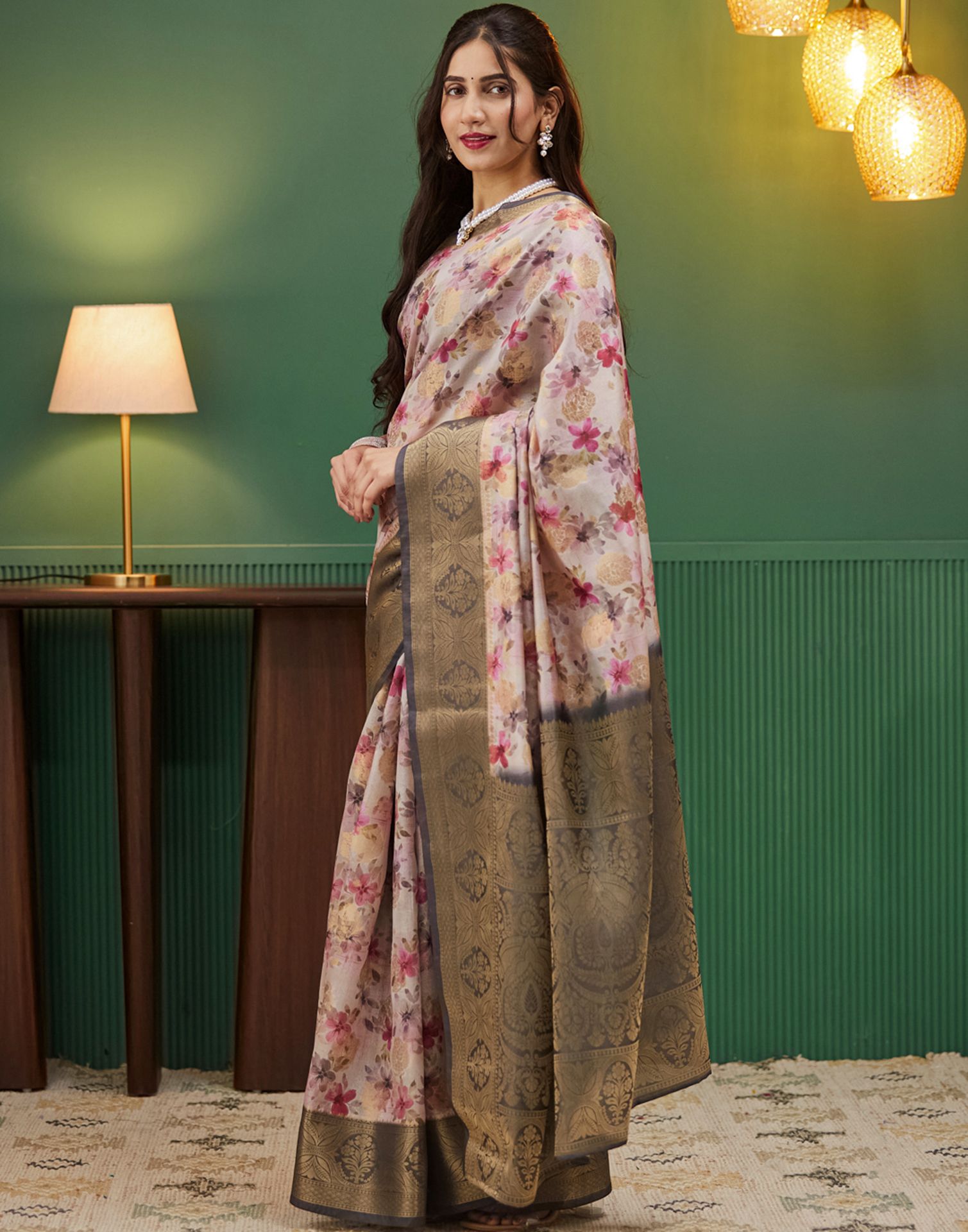 Dark Brown Silk Printed Woven Saree