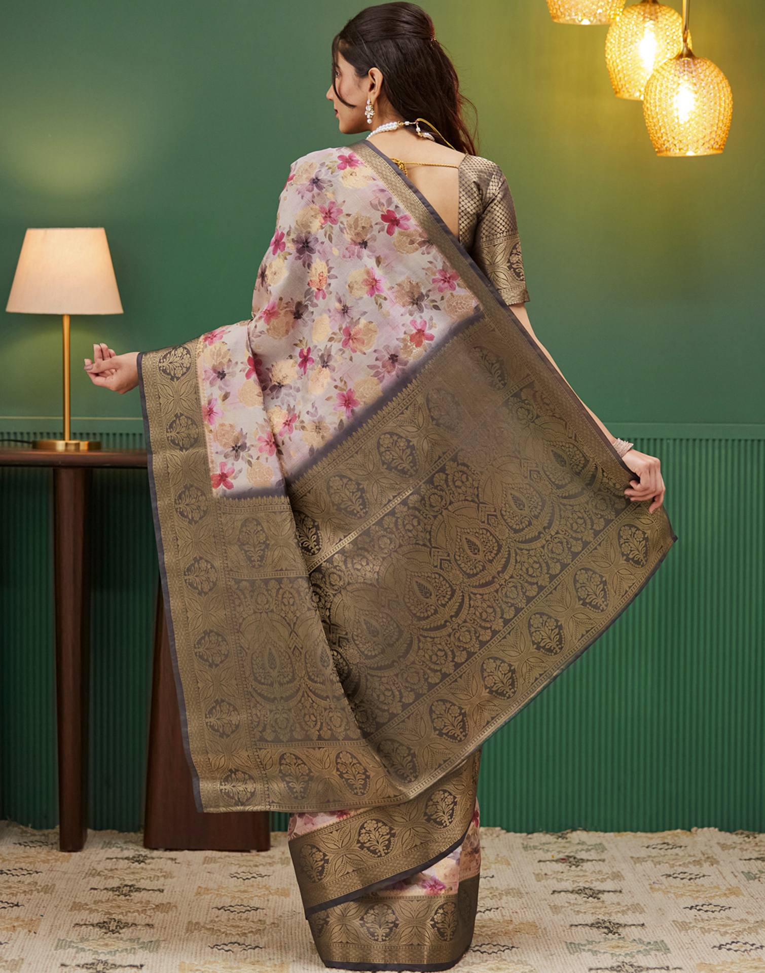 Dark Brown Silk Printed Woven Saree