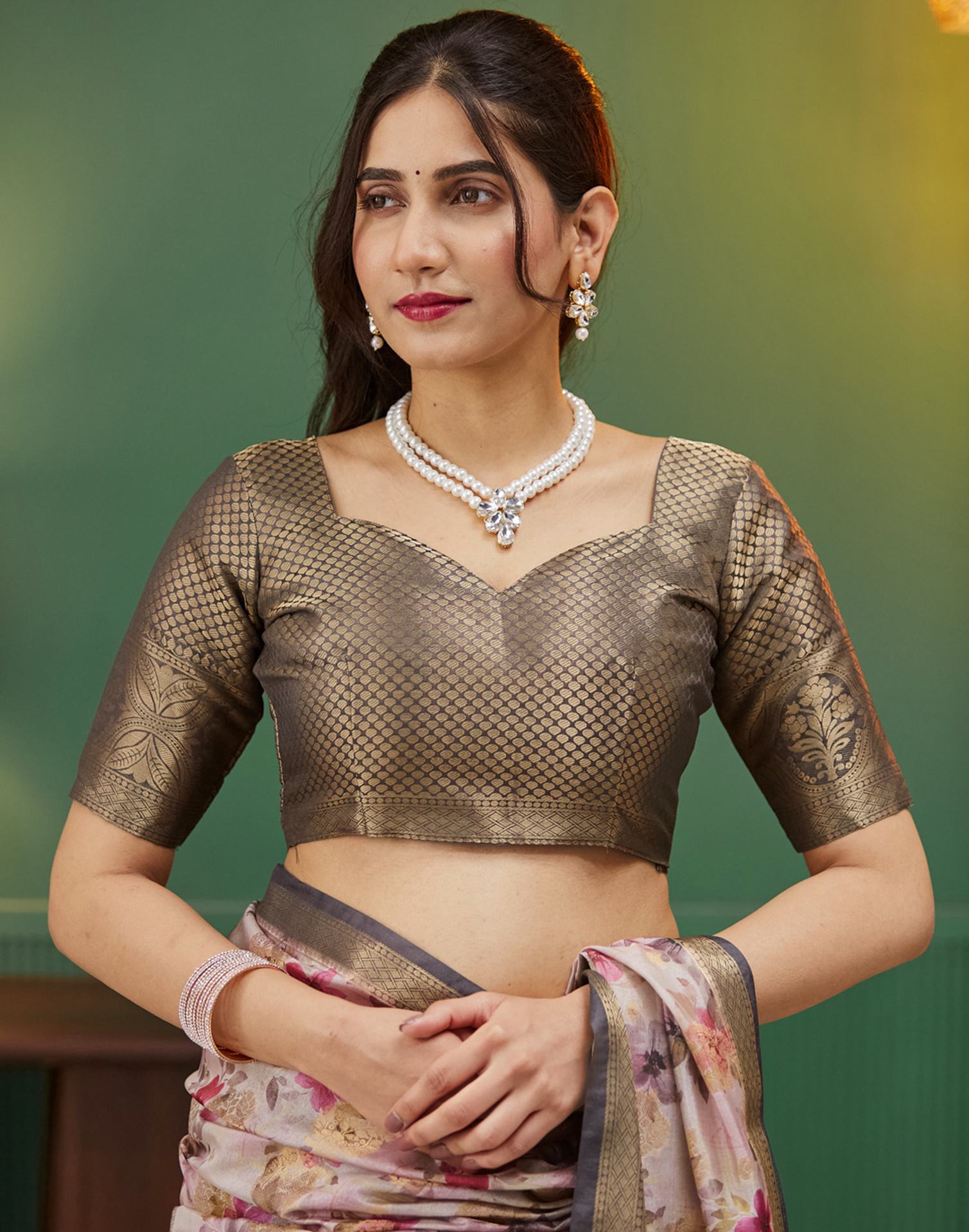 Dark Brown Silk Printed Woven Saree