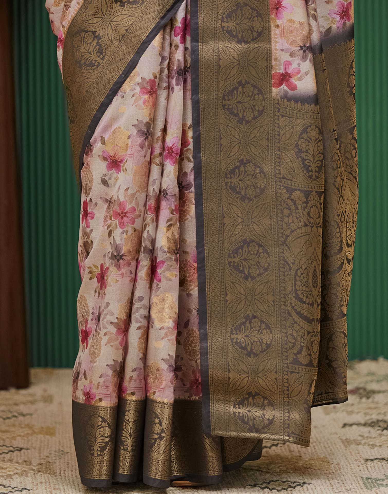 Dark Brown Silk Printed Woven Saree
