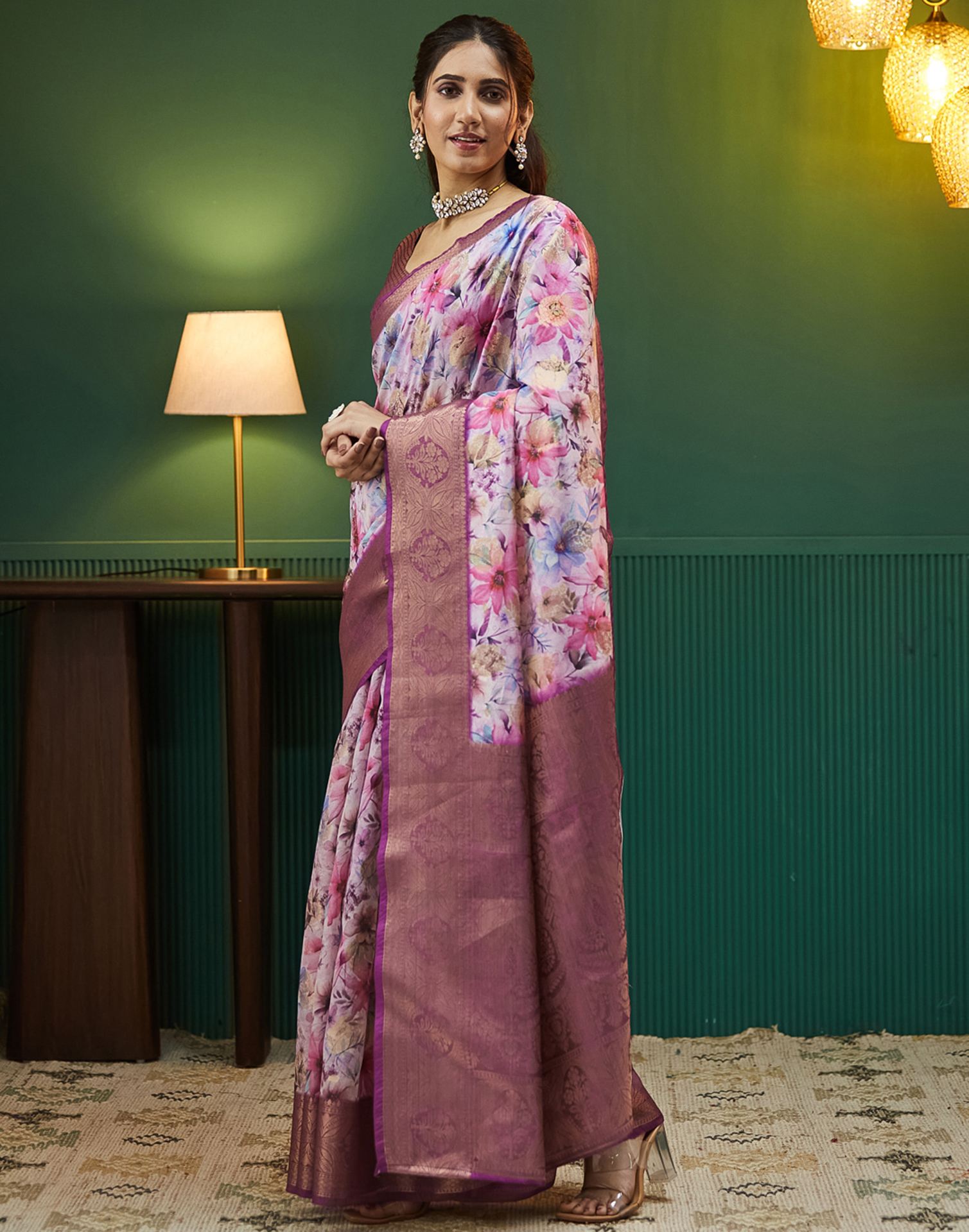 Purple Silk Printed Woven Saree