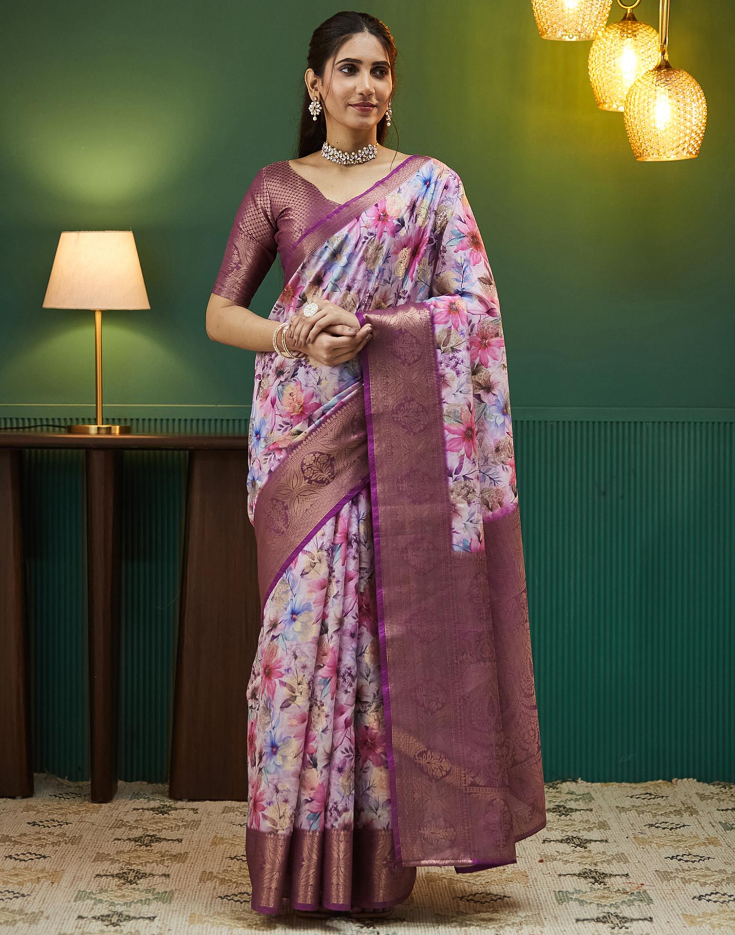 Purple Silk Printed Woven Saree