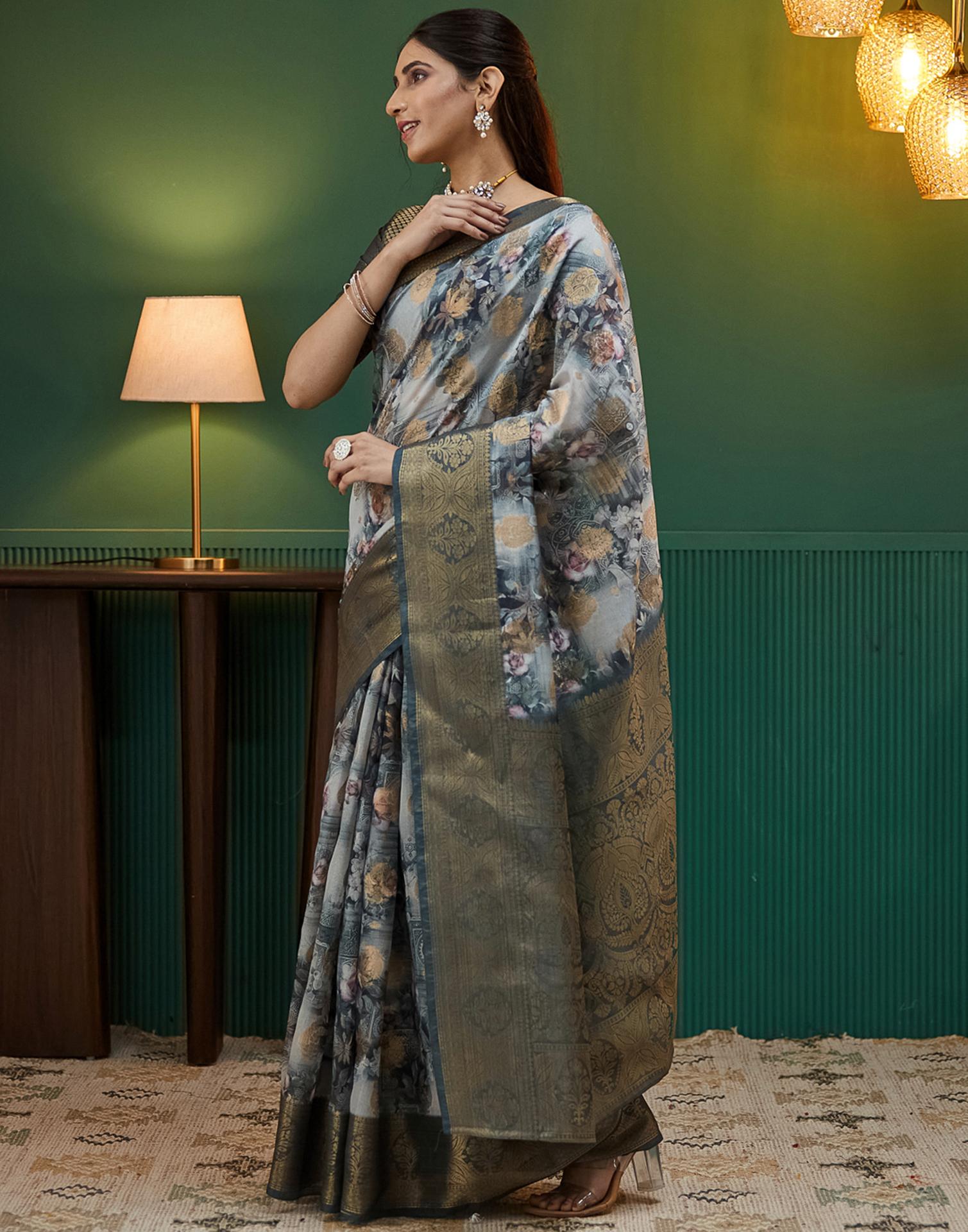 Dark Grey Silk Printed Woven Saree