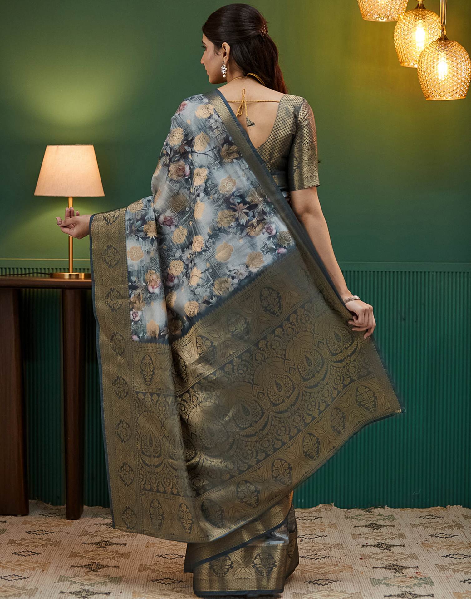 Dark Grey Silk Printed Woven Saree