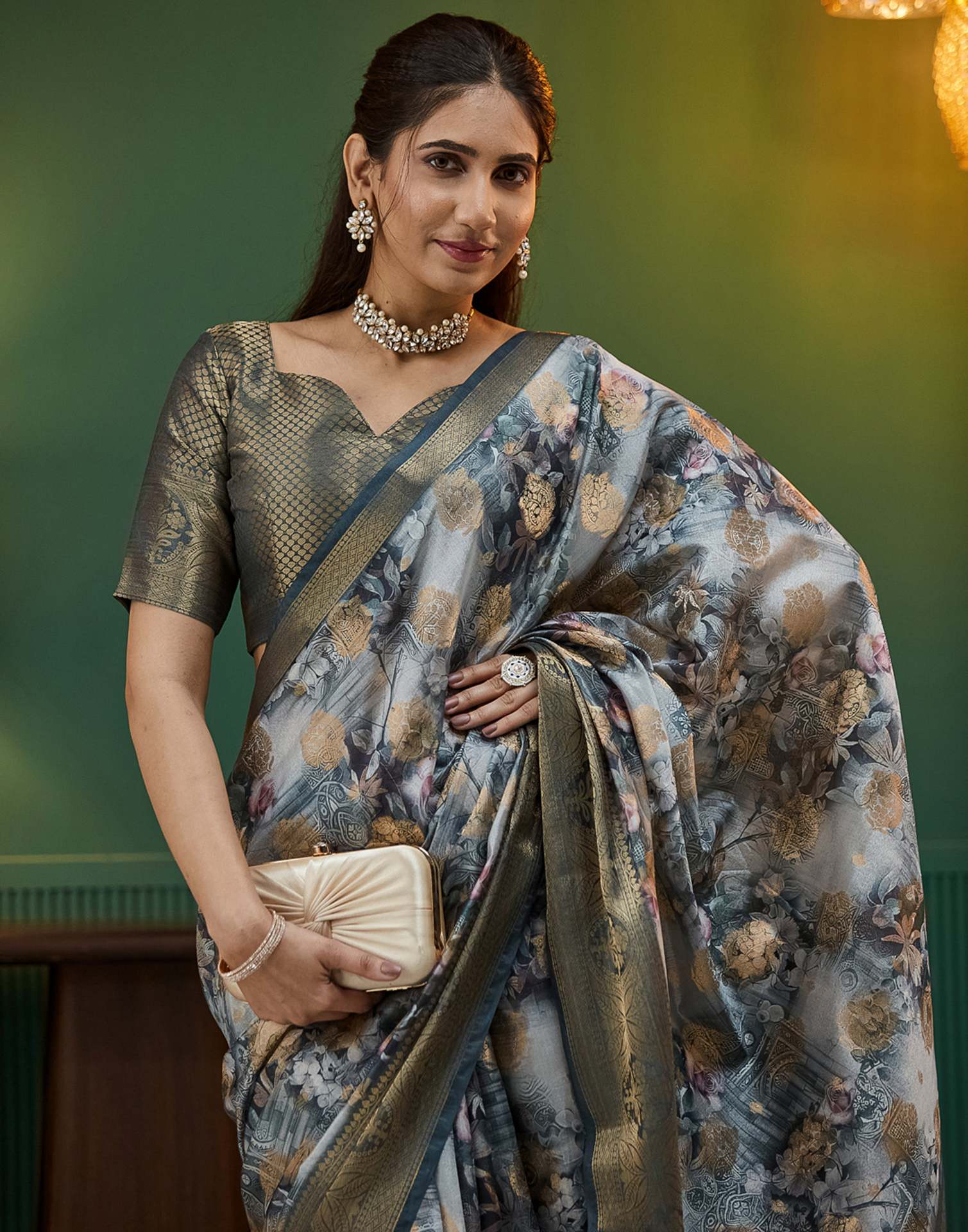 Dark Grey Silk Printed Woven Saree