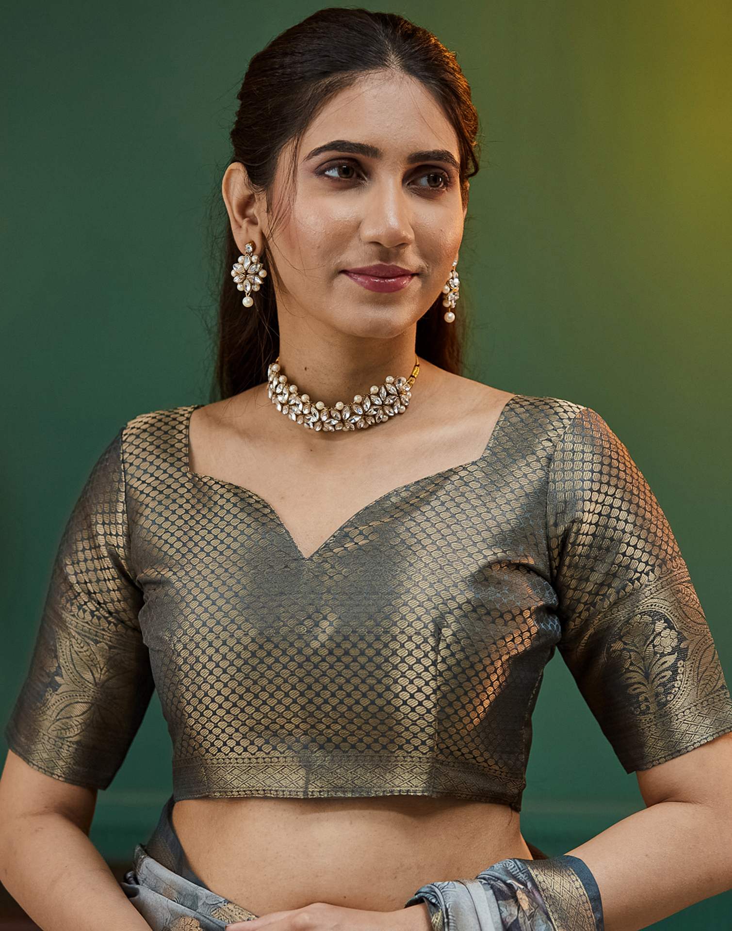 Dark Grey Silk Printed Woven Saree