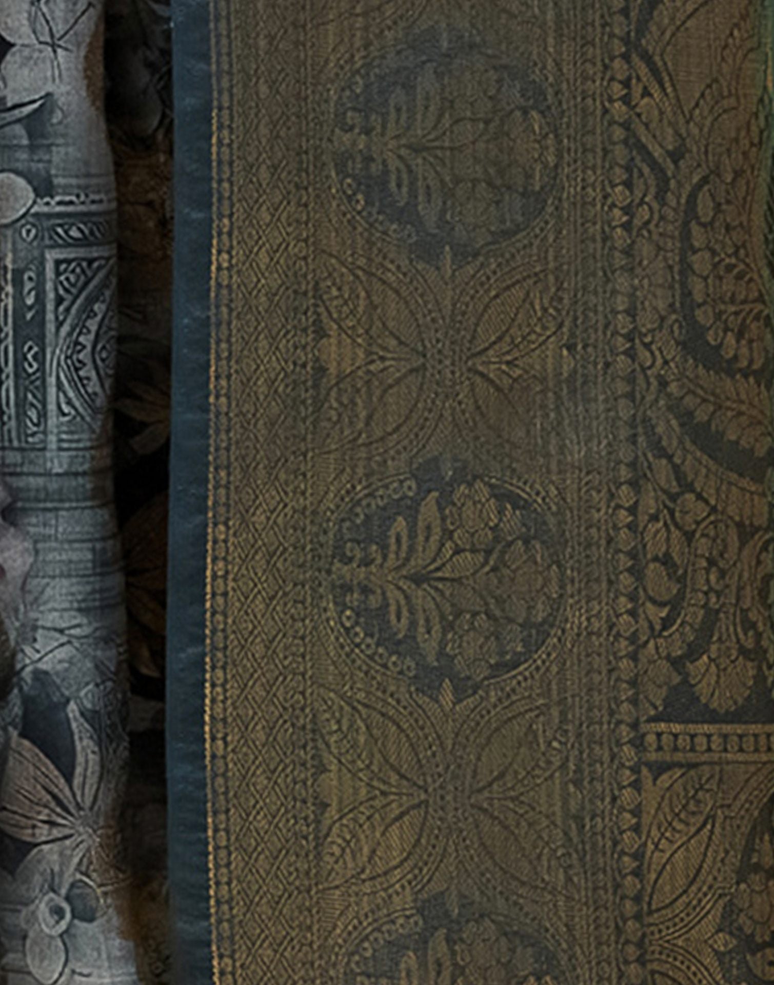 Dark Grey Silk Printed Woven Saree