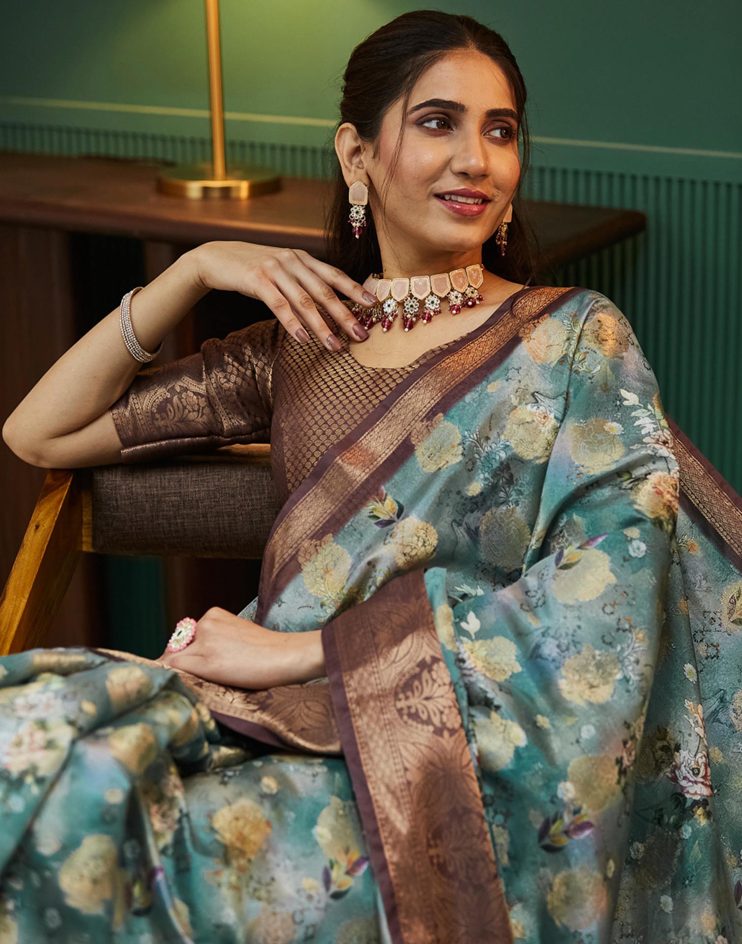 Brown Silk Printed Woven Saree