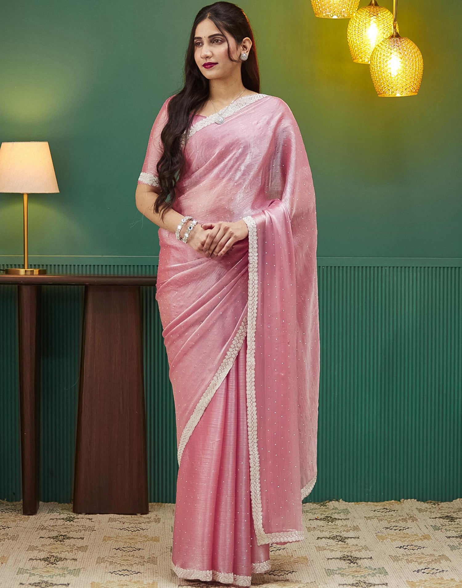 Powder Pink Shimmer Chiffon Stone Work Embellished Saree