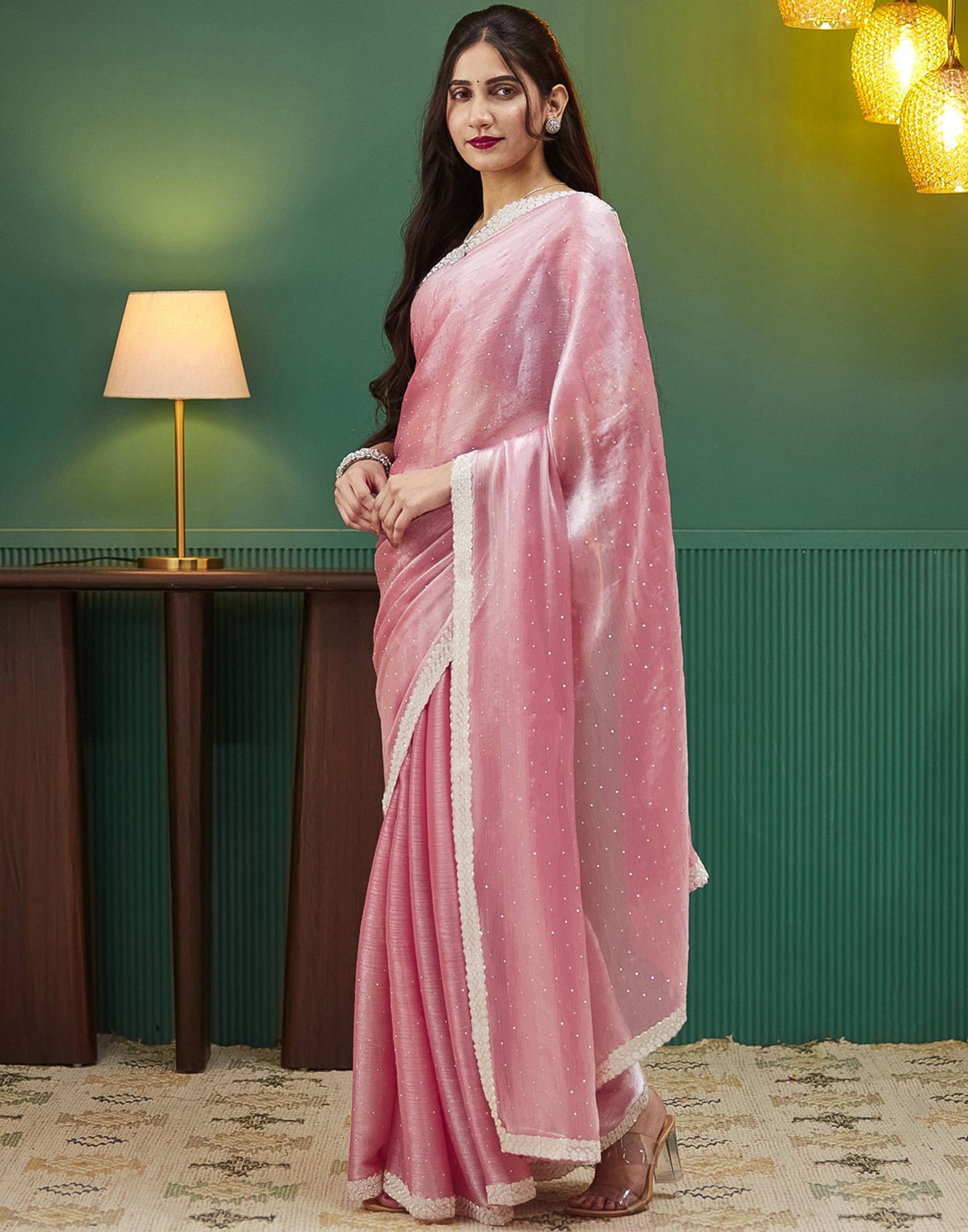 Powder Pink Shimmer Chiffon Stone Work Embellished Saree