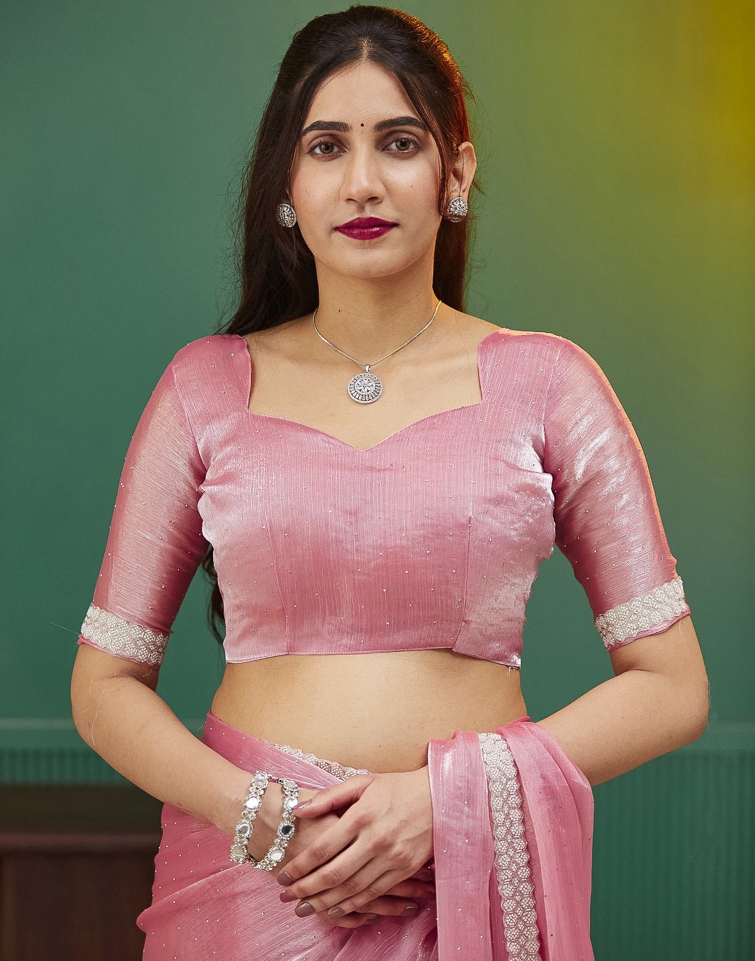 Powder Pink Shimmer Chiffon Stone Work Embellished Saree